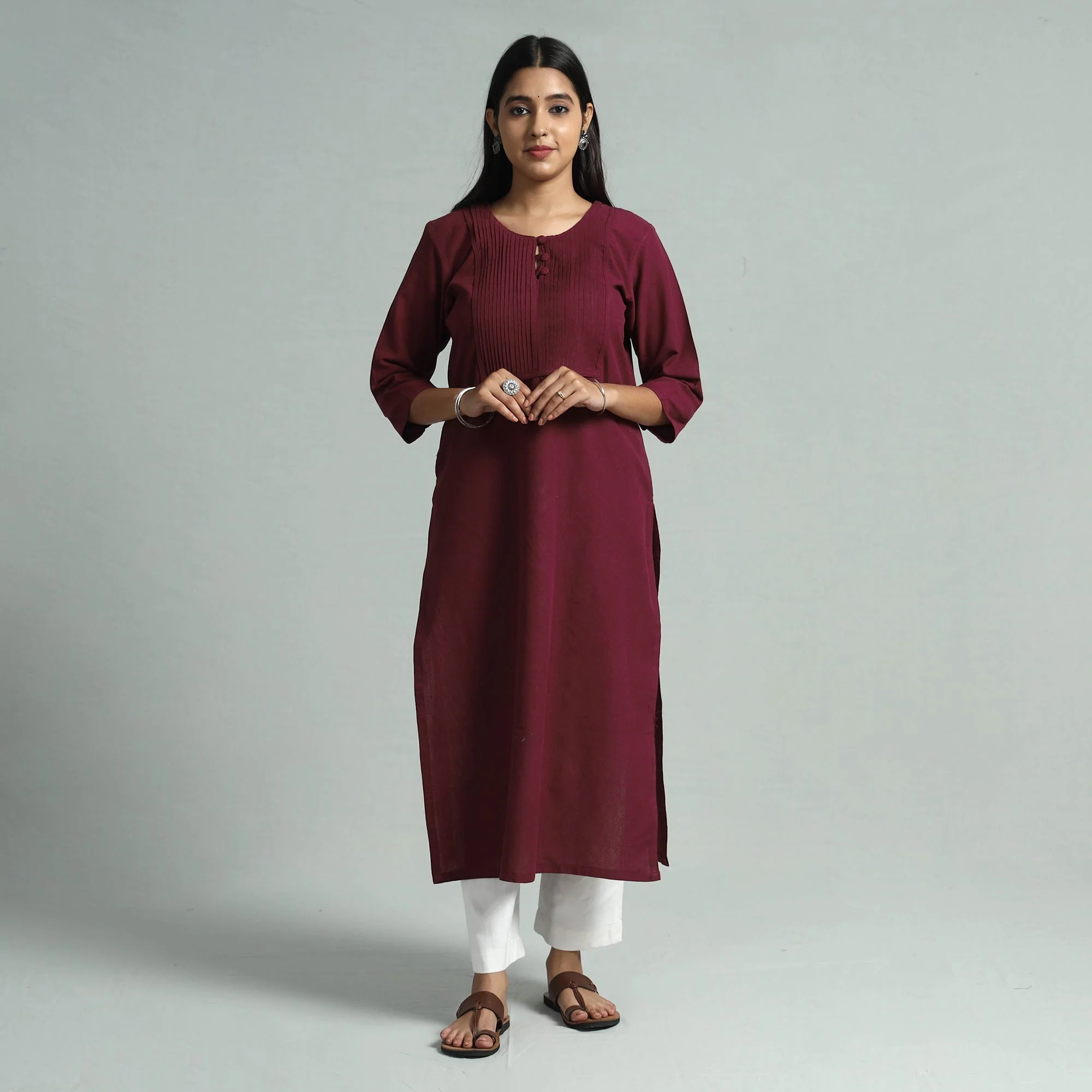 Maroon Jhiri Handloom Cotton Pintuck Long Kurta - Image 2