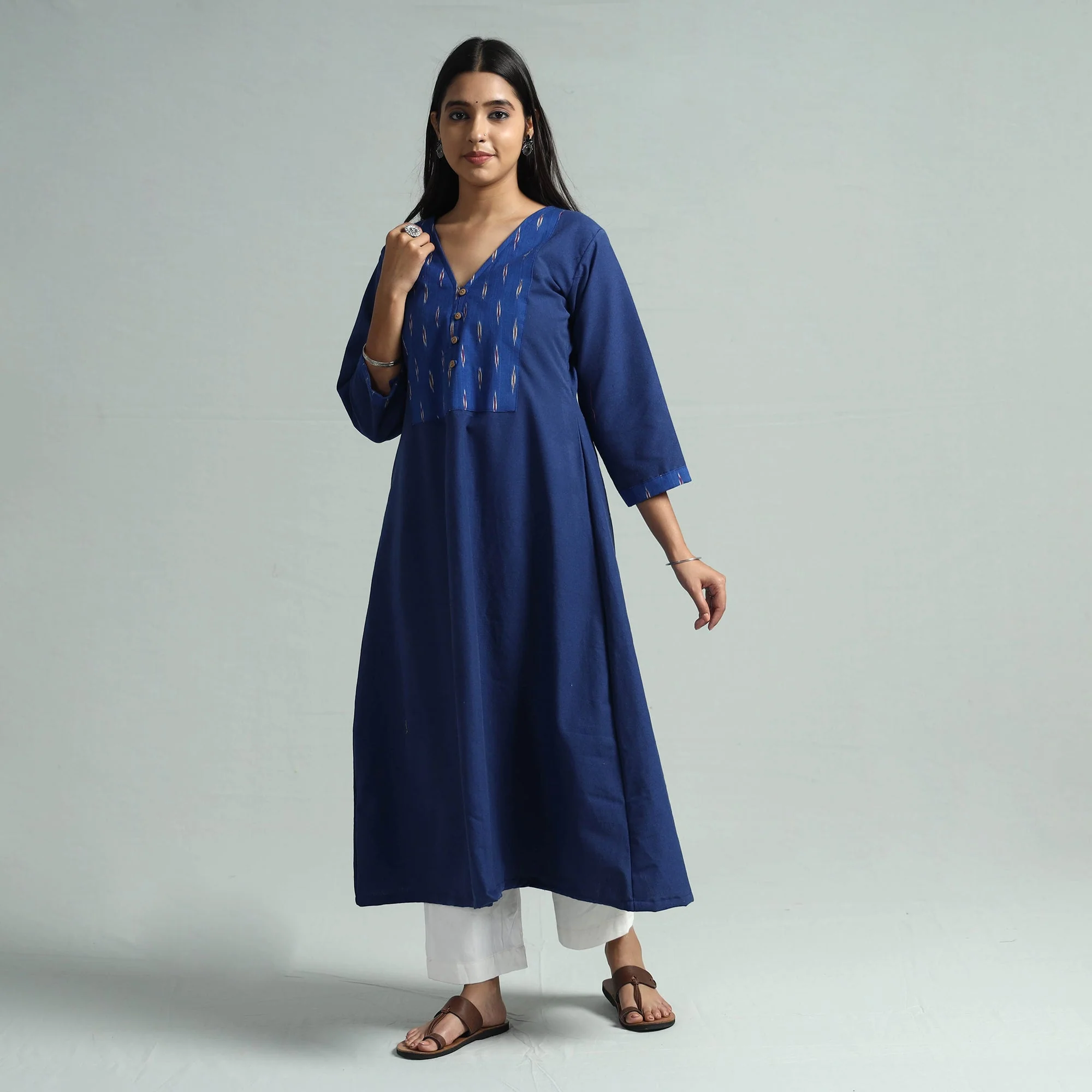 Dark Blue Jhiri Handloom Cotton Ikat Patchwork Long Kurta - Image 3