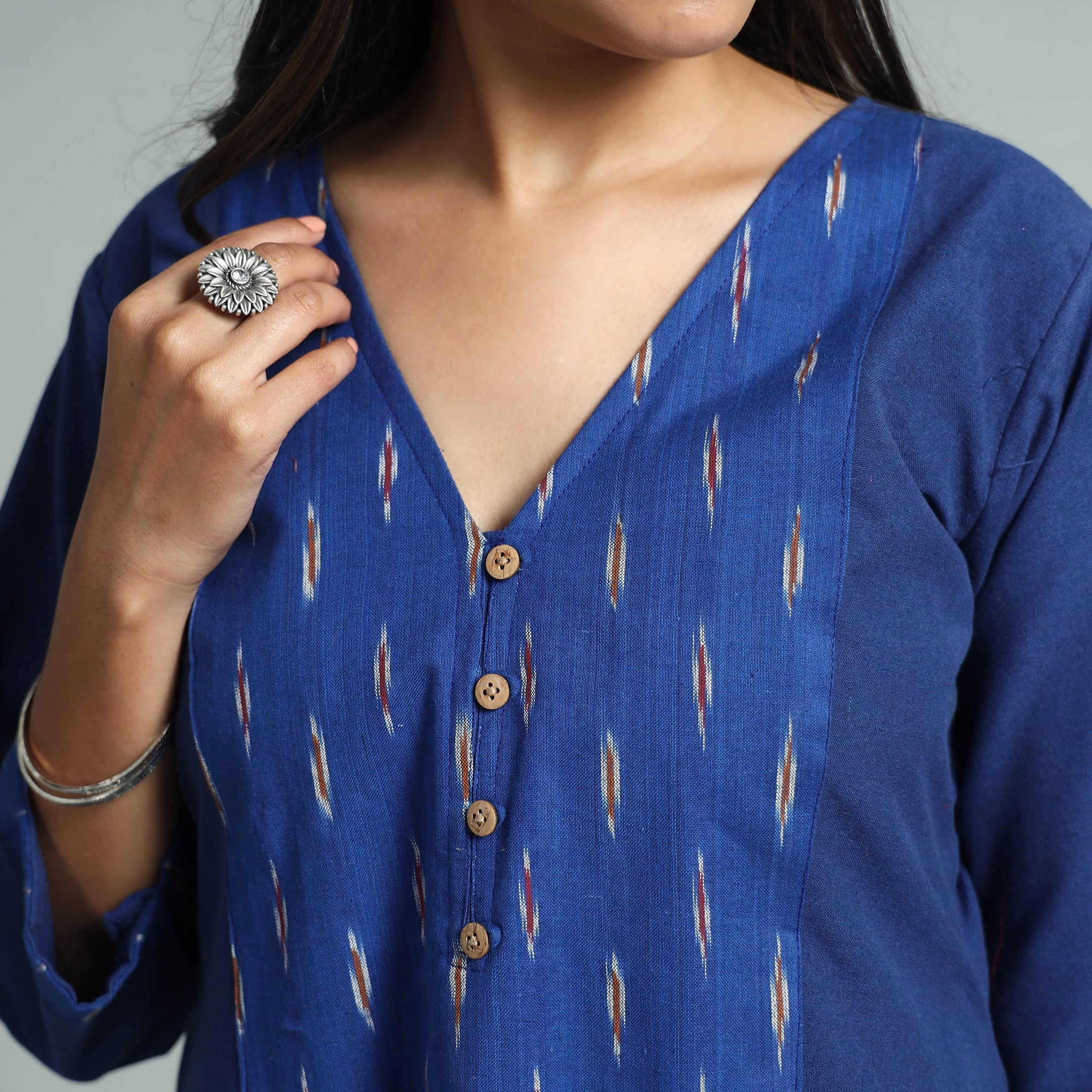 Dark Blue Jhiri Handloom Cotton Ikat Patchwork Long Kurta - Image 4