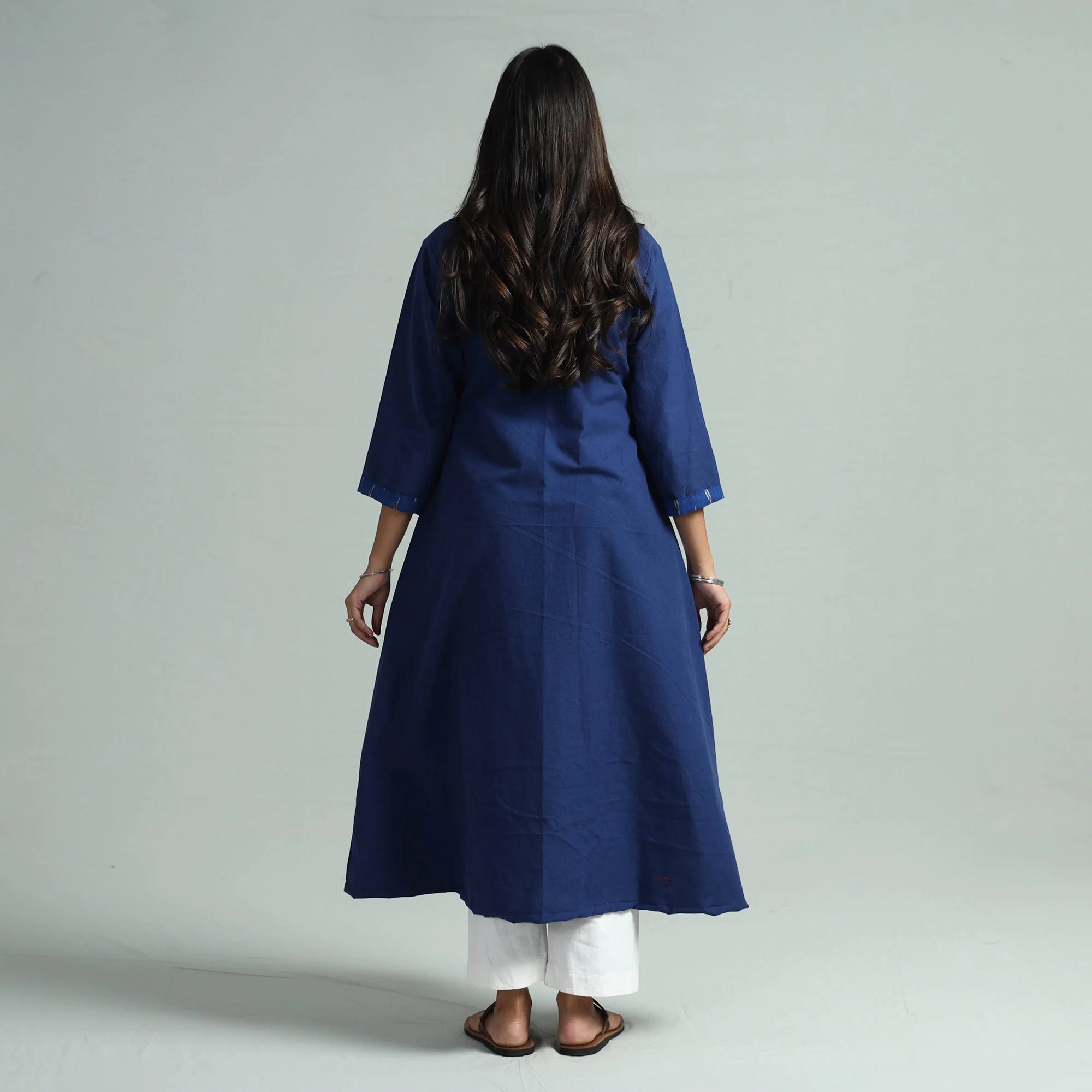 Dark Blue Jhiri Handloom Cotton Ikat Patchwork Long Kurta - Image 7