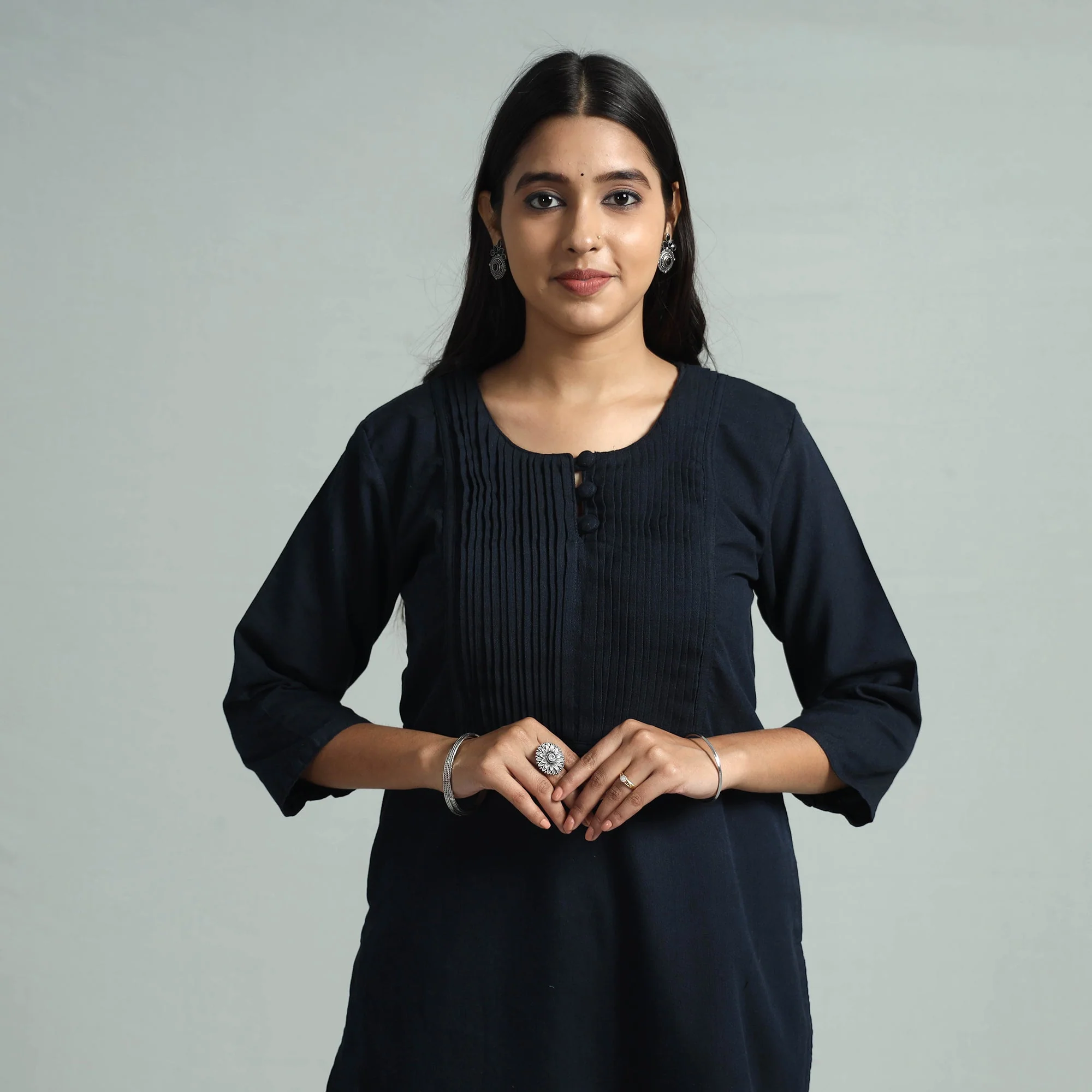 Dark Navy Blue Jhiri Handloom Cotton Pintuck Long Kurta