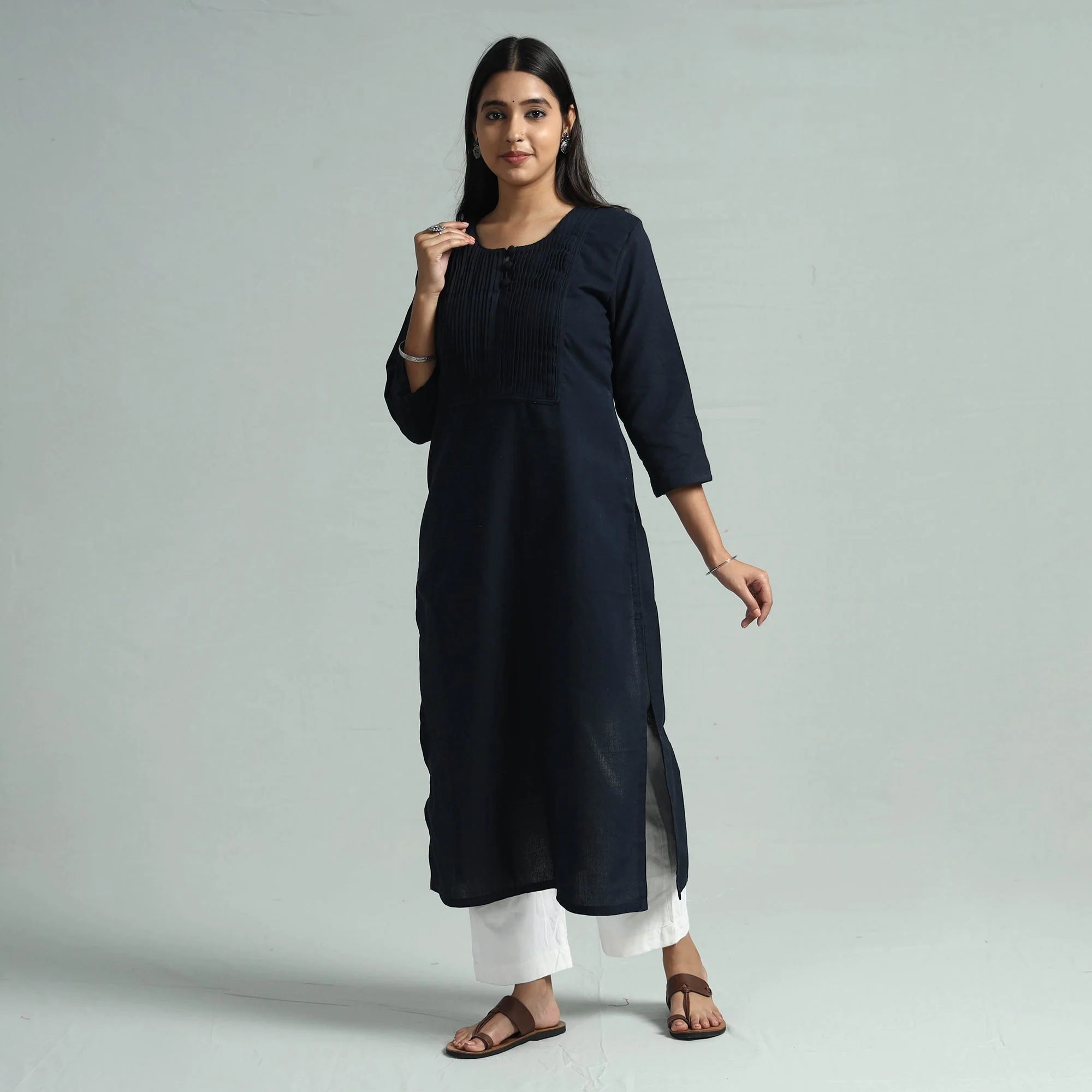 Dark Navy Blue Jhiri Handloom Cotton Pintuck Long Kurta - Image 3