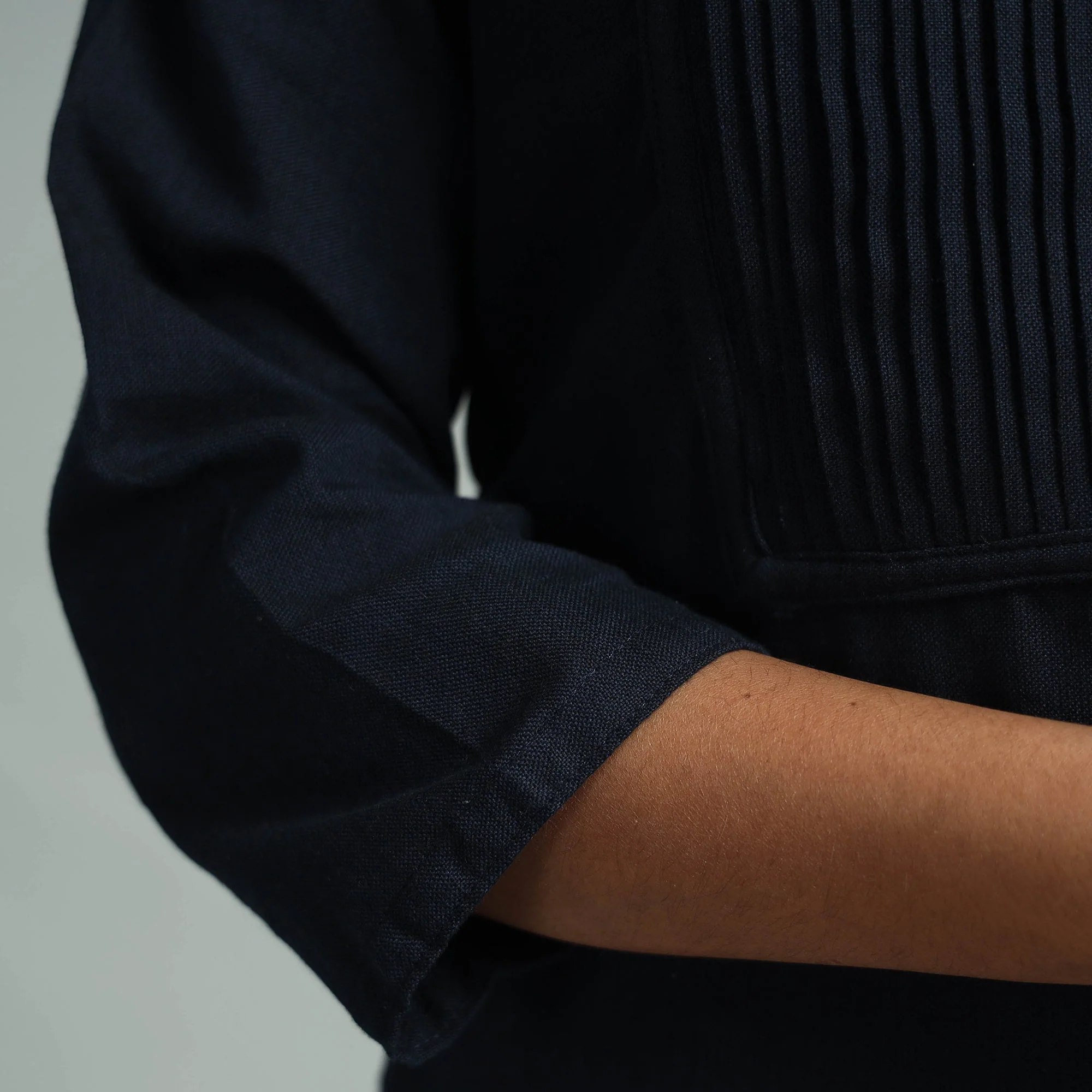 Dark Navy Blue Jhiri Handloom Cotton Pintuck Long Kurta - Image 5