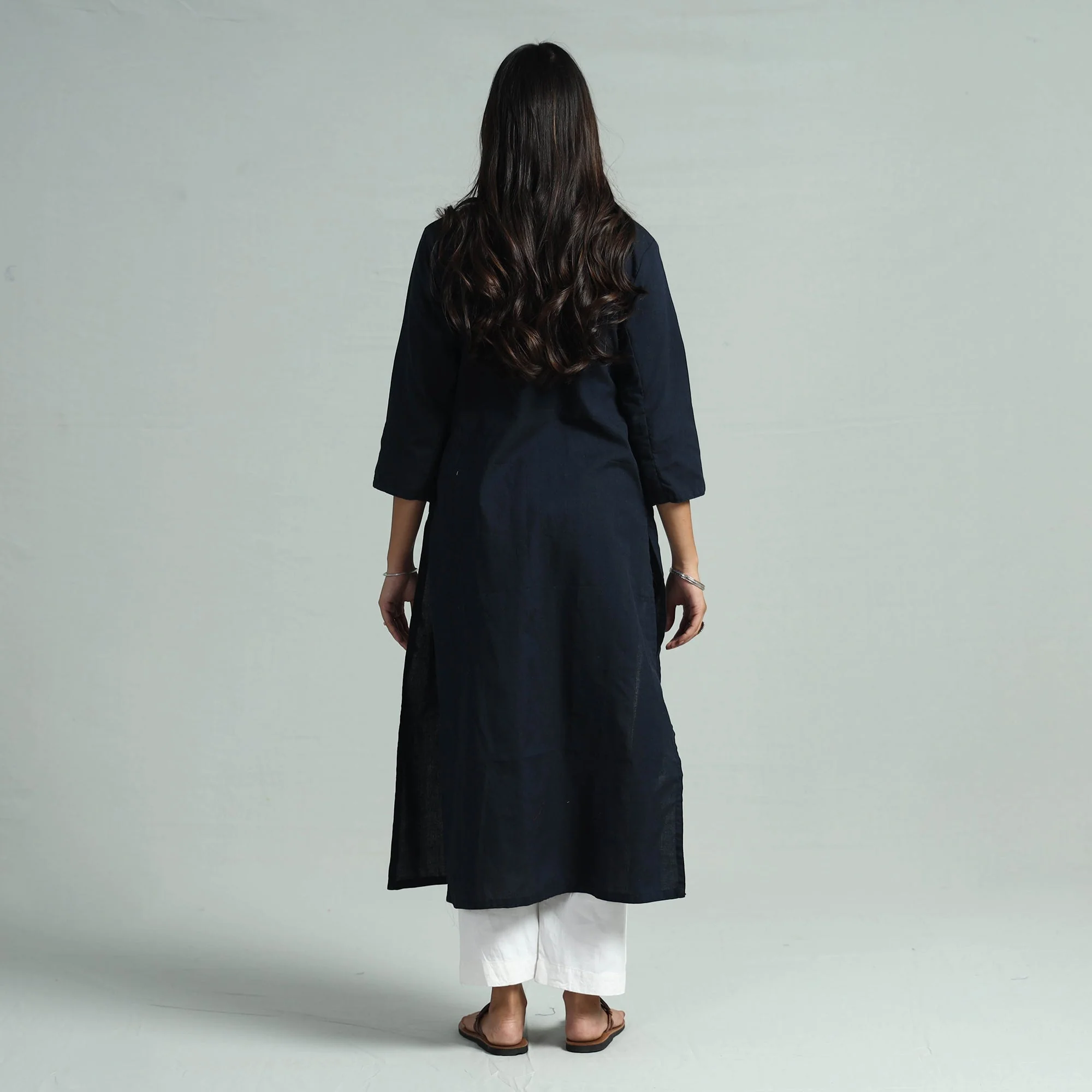 Dark Navy Blue Jhiri Handloom Cotton Pintuck Long Kurta - Image 7