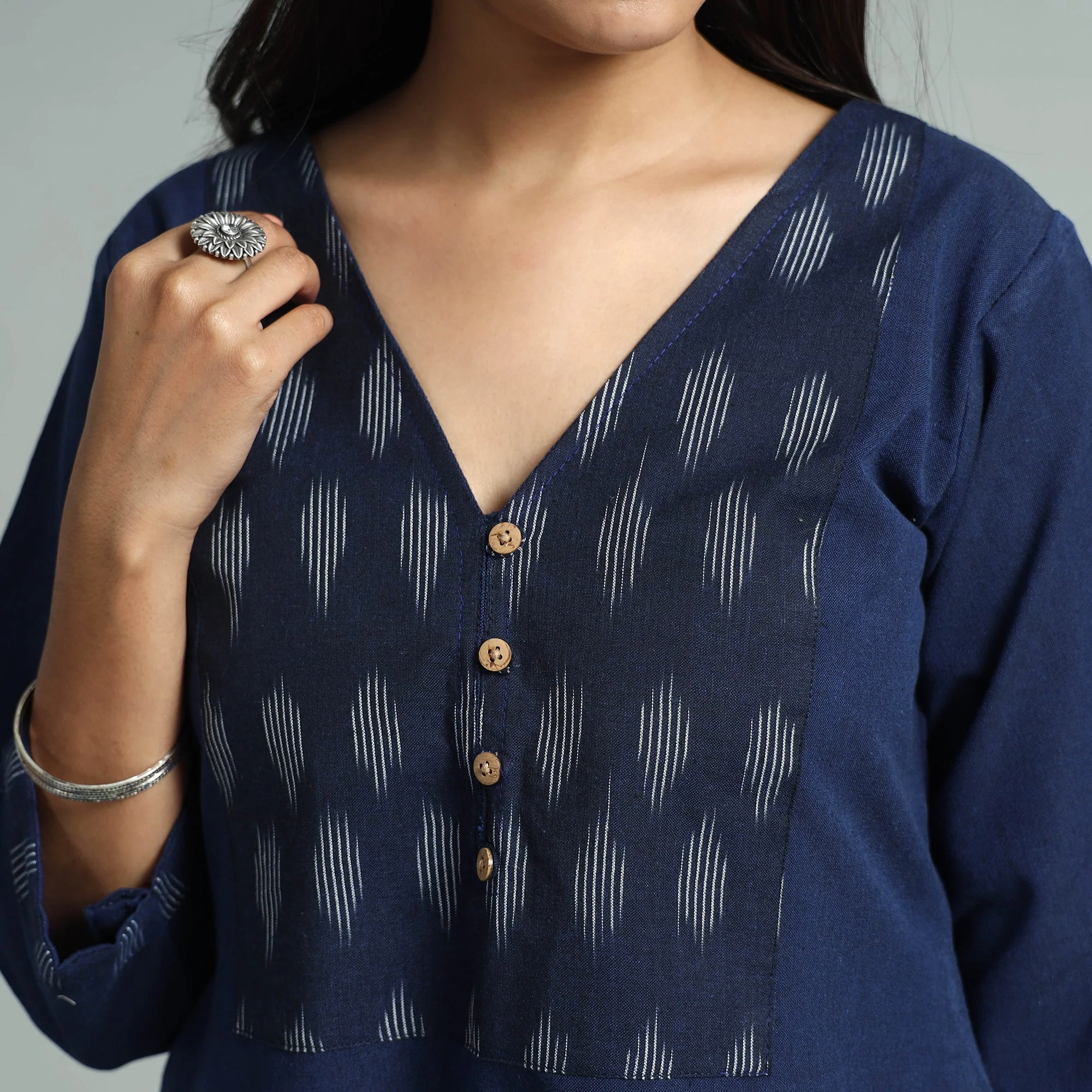Navy Blue - Jhiri Handloom Cotton Ikat Patchwork Long Kurta - Image 4
