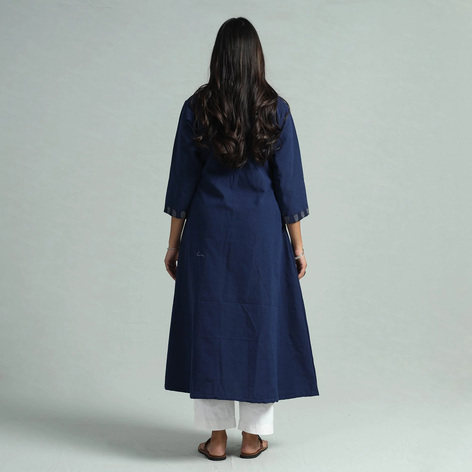 Navy Blue - Jhiri Handloom Cotton Ikat Patchwork Long Kurta - Image 7