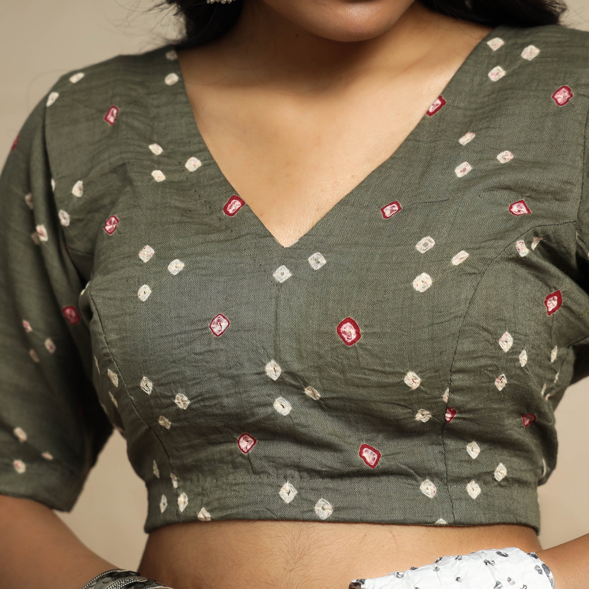 Grey - Bandhani Tie Dye Cotton Stitched Blouse - Image 3