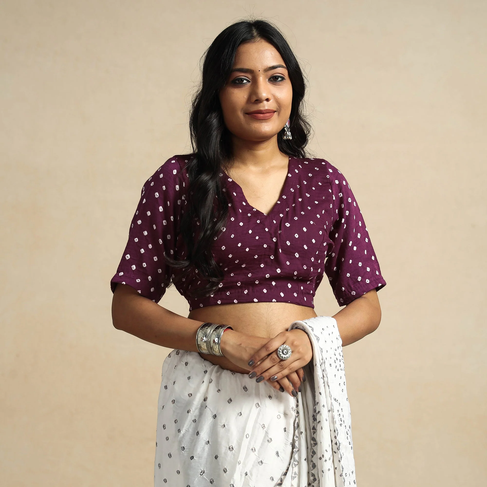 Purple - Bandhani Tie Dye Cotton Stitched Blouse - Image 2