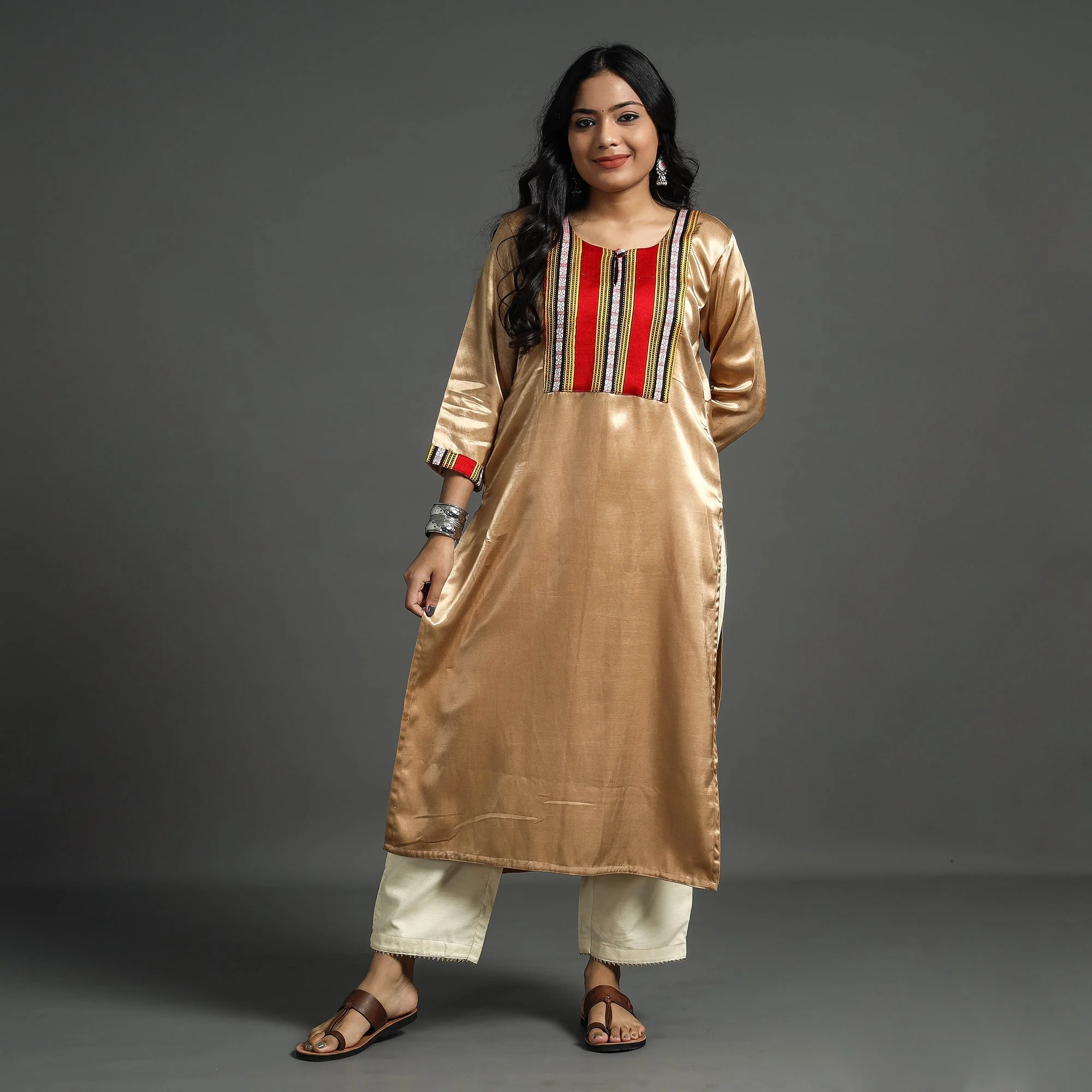 Brown - Beige - Plain Mashru Silk with Patchwork Straight Kurta