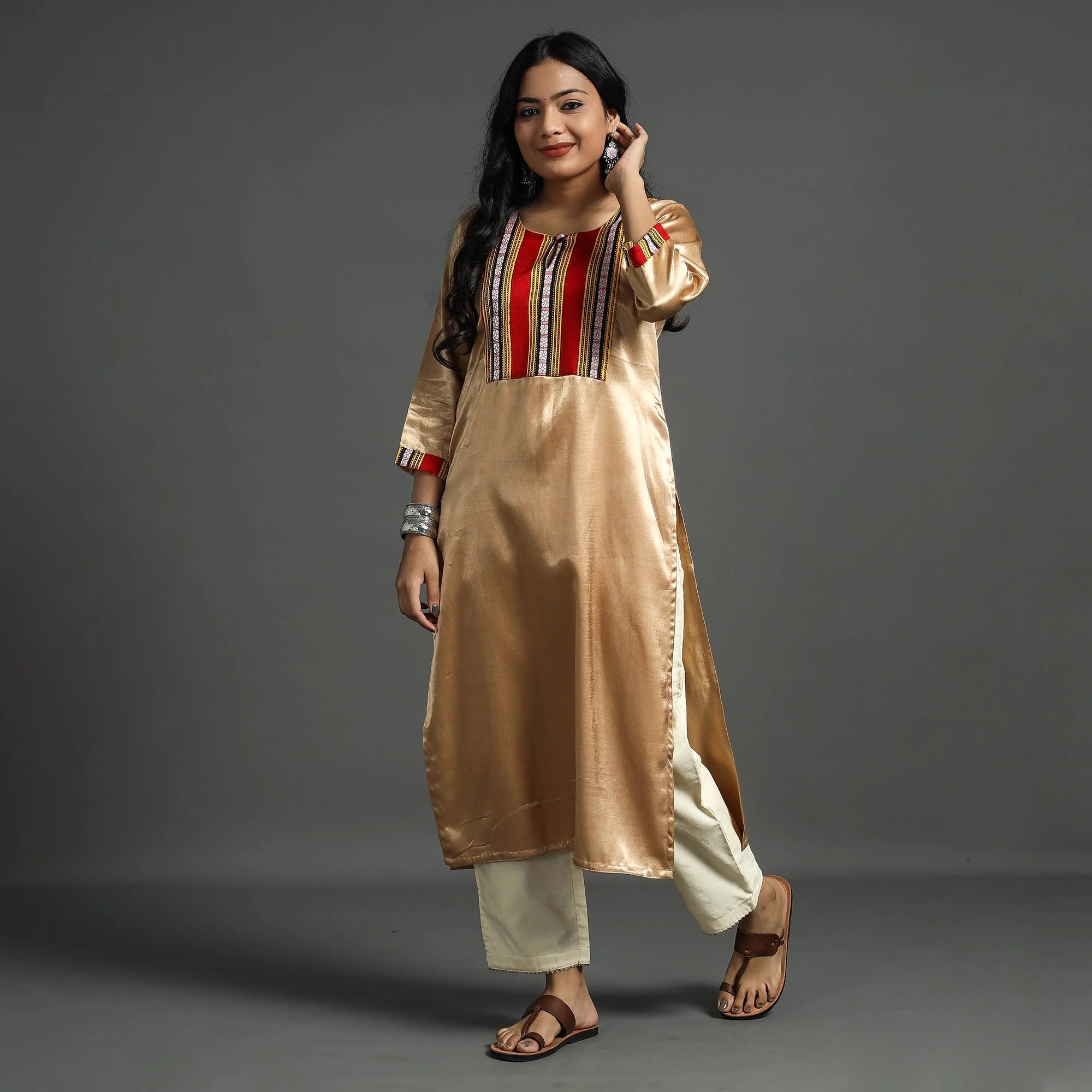 Brown - Beige - Plain Mashru Silk with Patchwork Straight Kurta - Image 2