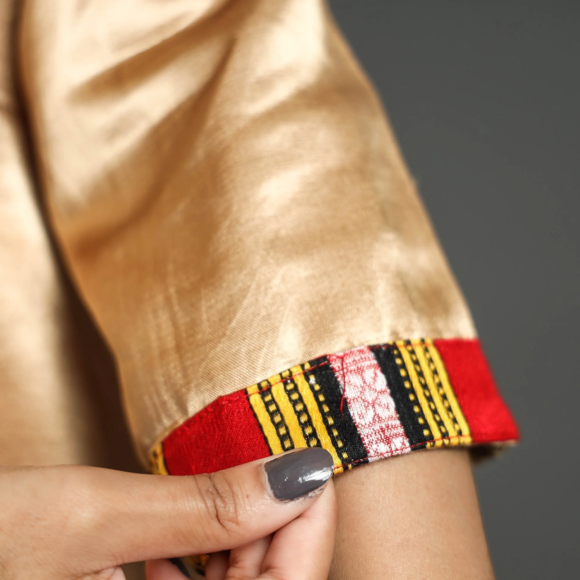 Brown - Beige - Plain Mashru Silk with Patchwork Straight Kurta - Image 5