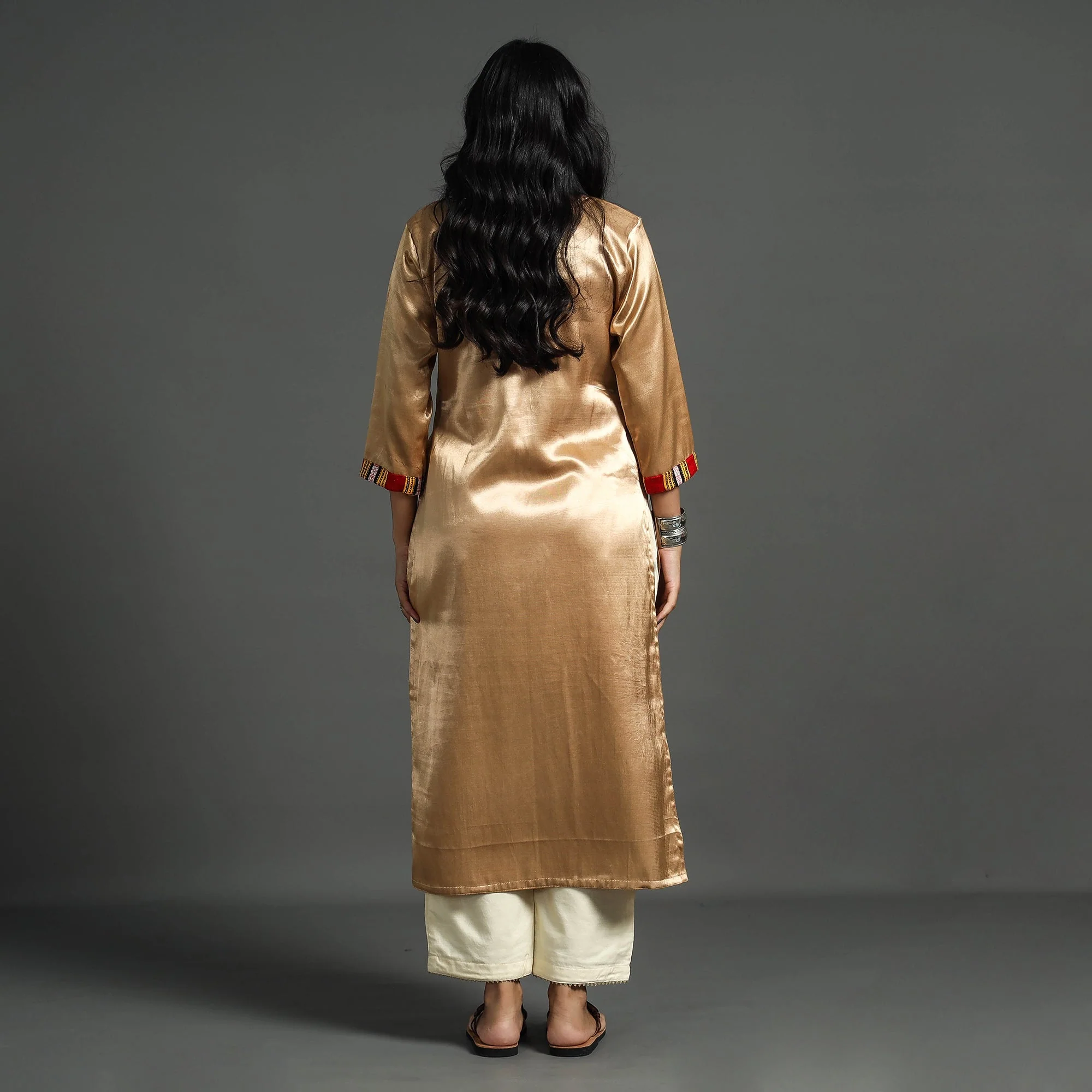Brown - Beige - Plain Mashru Silk with Patchwork Straight Kurta - Image 6