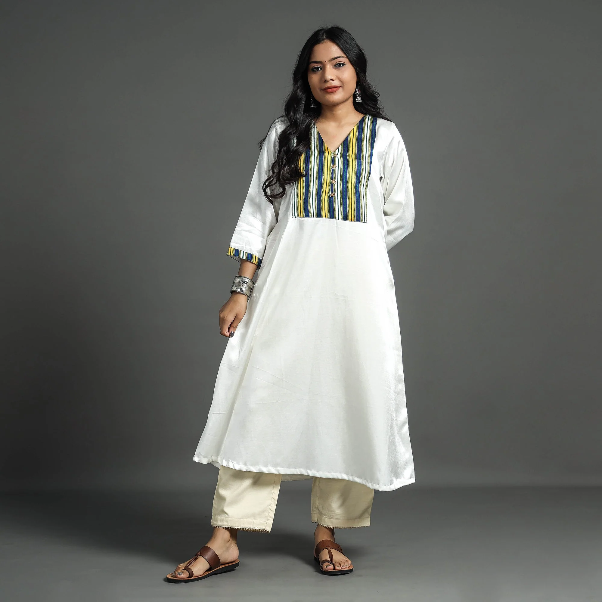 White - Plain Mashru Silk with Patchwork Floral Kurta