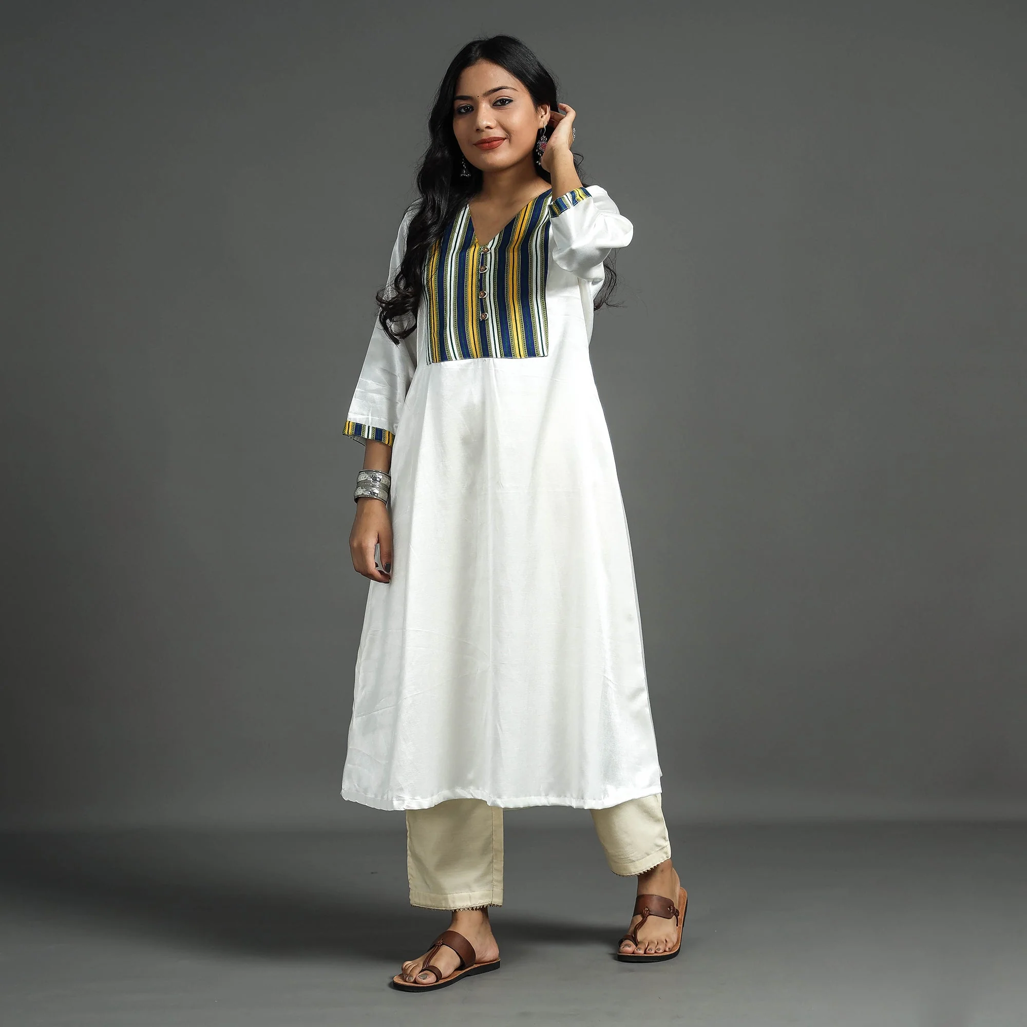 White - Plain Mashru Silk with Patchwork Floral Kurta - Image 2