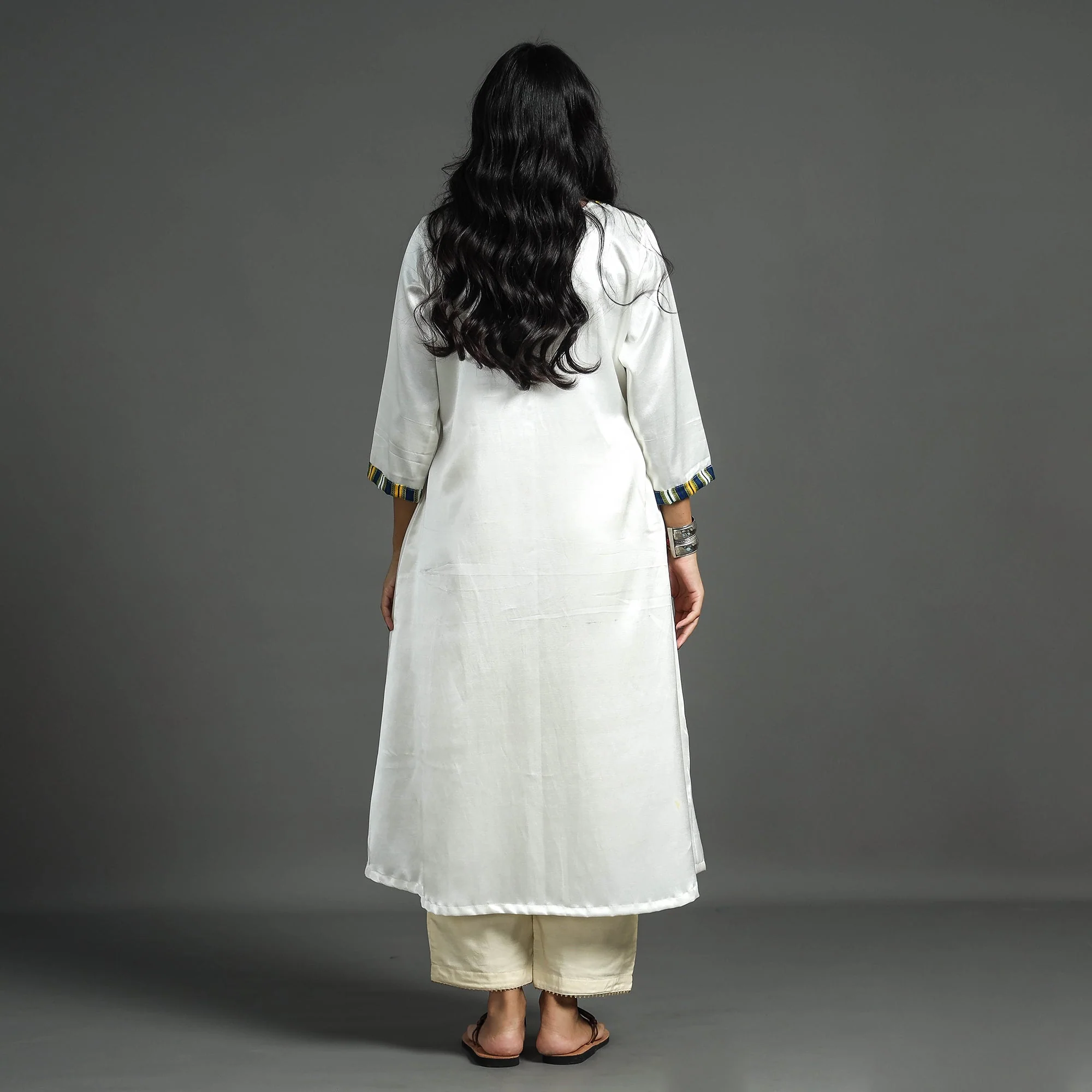 White - Plain Mashru Silk with Patchwork Floral Kurta - Image 6