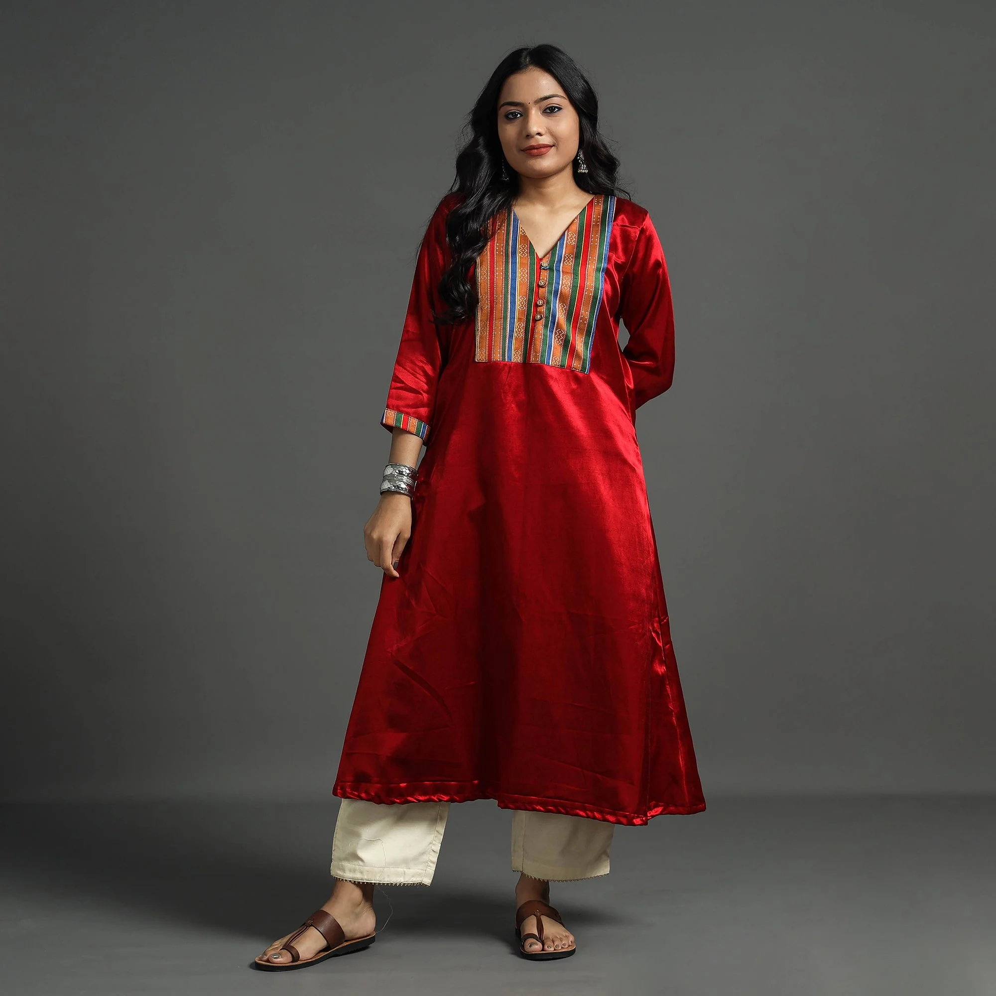 Dark Red - Plain Mashru Silk with Patchwork Floral A-Line Kurta