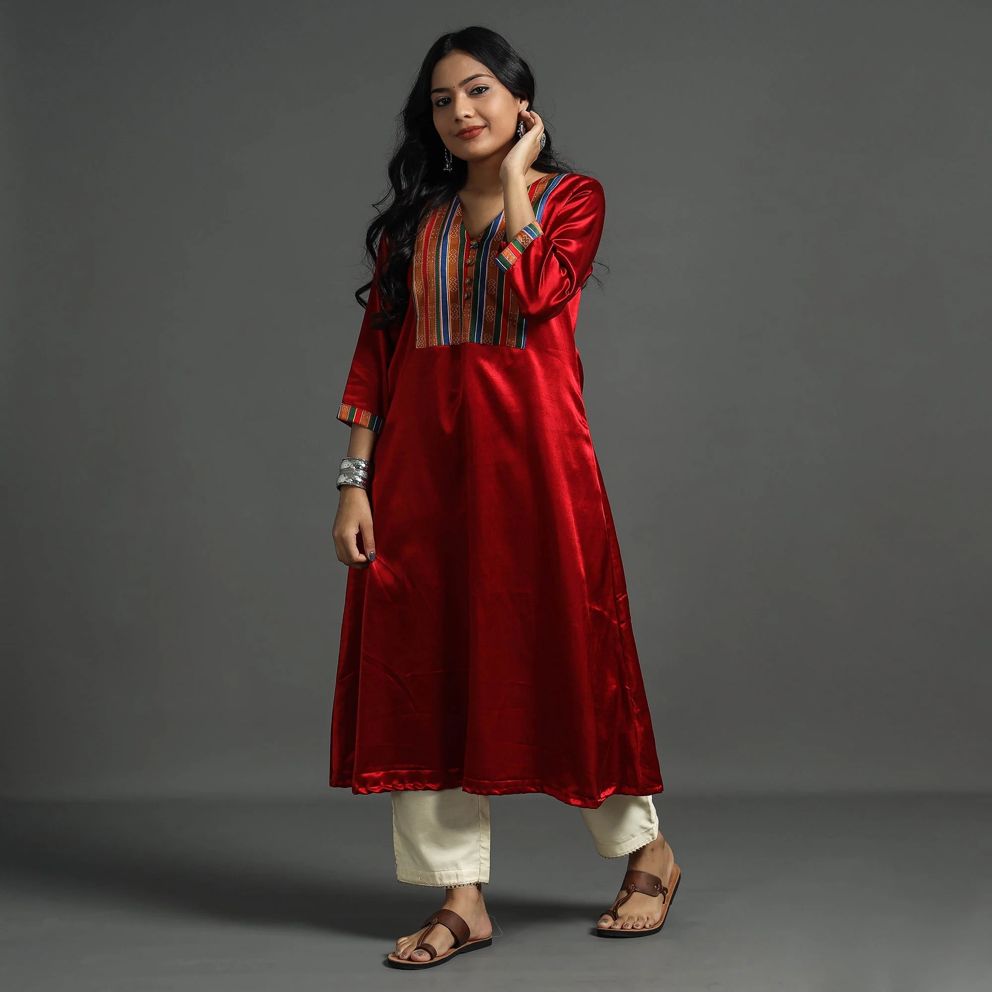 Dark Red - Plain Mashru Silk with Patchwork Floral A-Line Kurta - Image 2