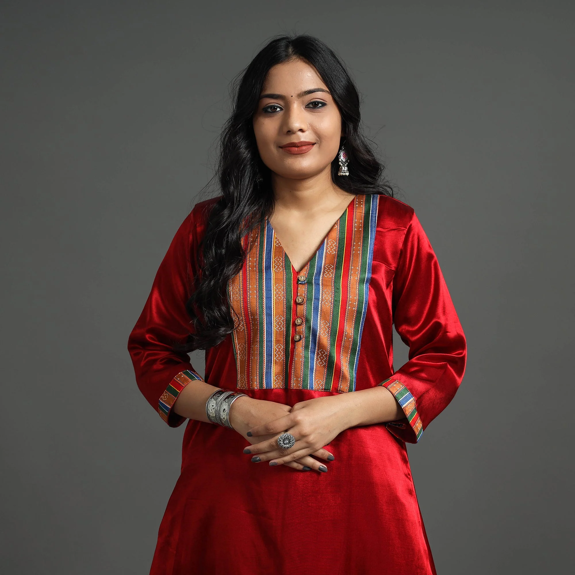 Dark Red - Plain Mashru Silk with Patchwork Floral A-Line Kurta - Image 3