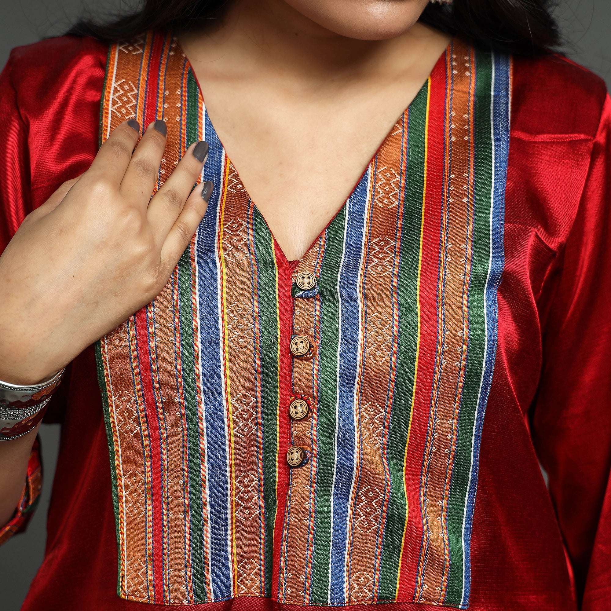 Dark Red - Plain Mashru Silk with Patchwork Floral A-Line Kurta - Image 4
