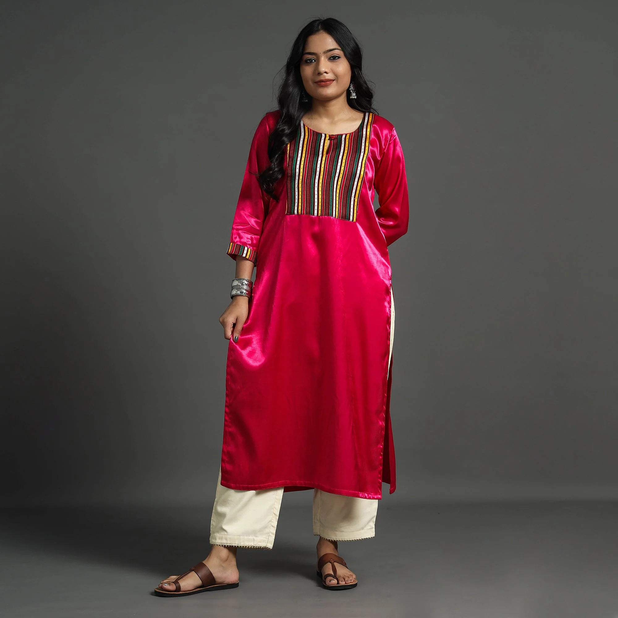 Dark Pink - Plain Mashru Silk with Patchwork Straight Kurta