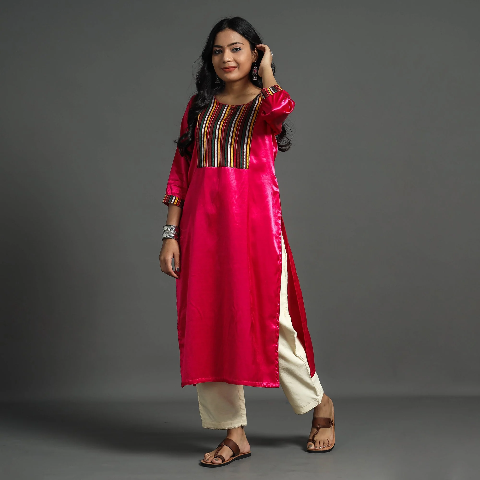 Dark Pink - Plain Mashru Silk with Patchwork Straight Kurta - Image 2