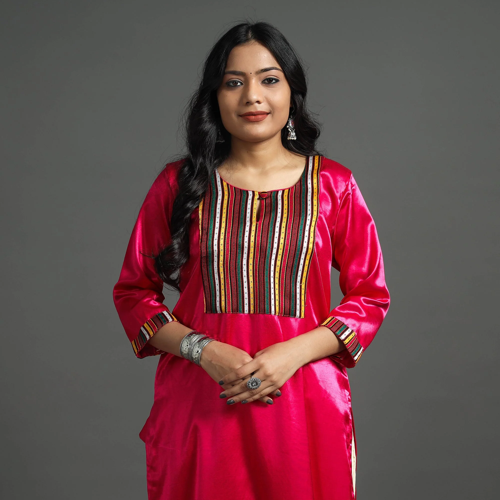 Dark Pink - Plain Mashru Silk with Patchwork Straight Kurta - Image 3
