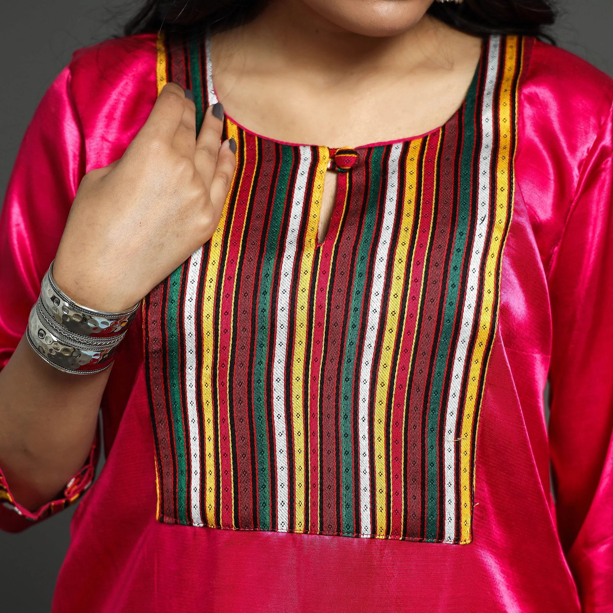 Dark Pink - Plain Mashru Silk with Patchwork Straight Kurta - Image 4