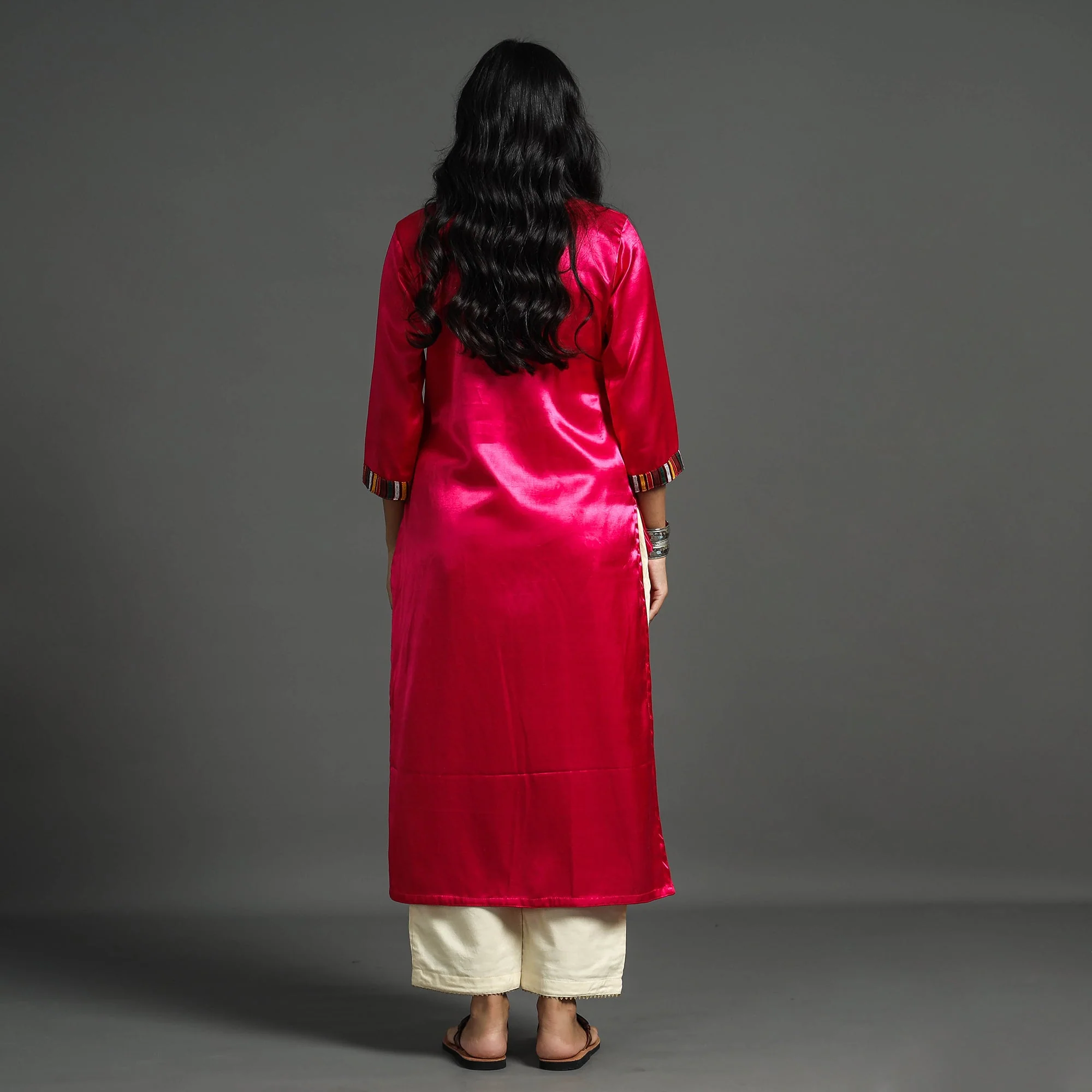 Dark Pink - Plain Mashru Silk with Patchwork Straight Kurta - Image 6