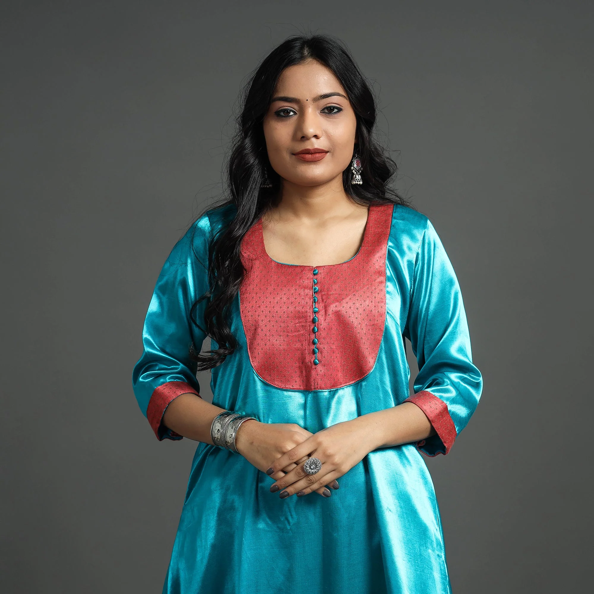 Sky Blue - Plain Mashru Silk with Patchwork Floral A-Line Kurta