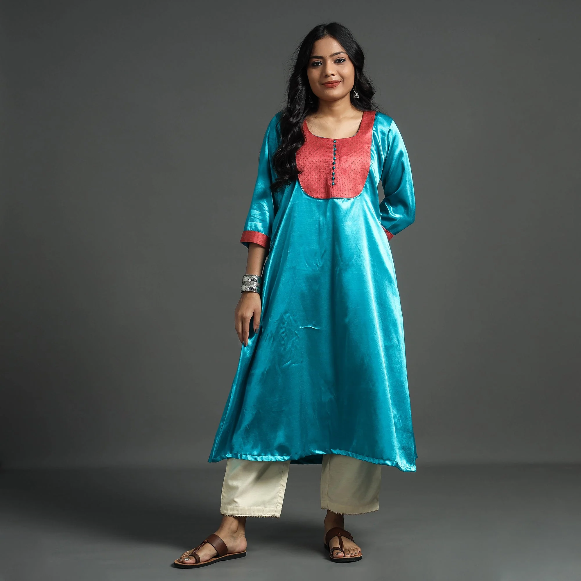 Sky Blue - Plain Mashru Silk with Patchwork Floral A-Line Kurta - Image 2