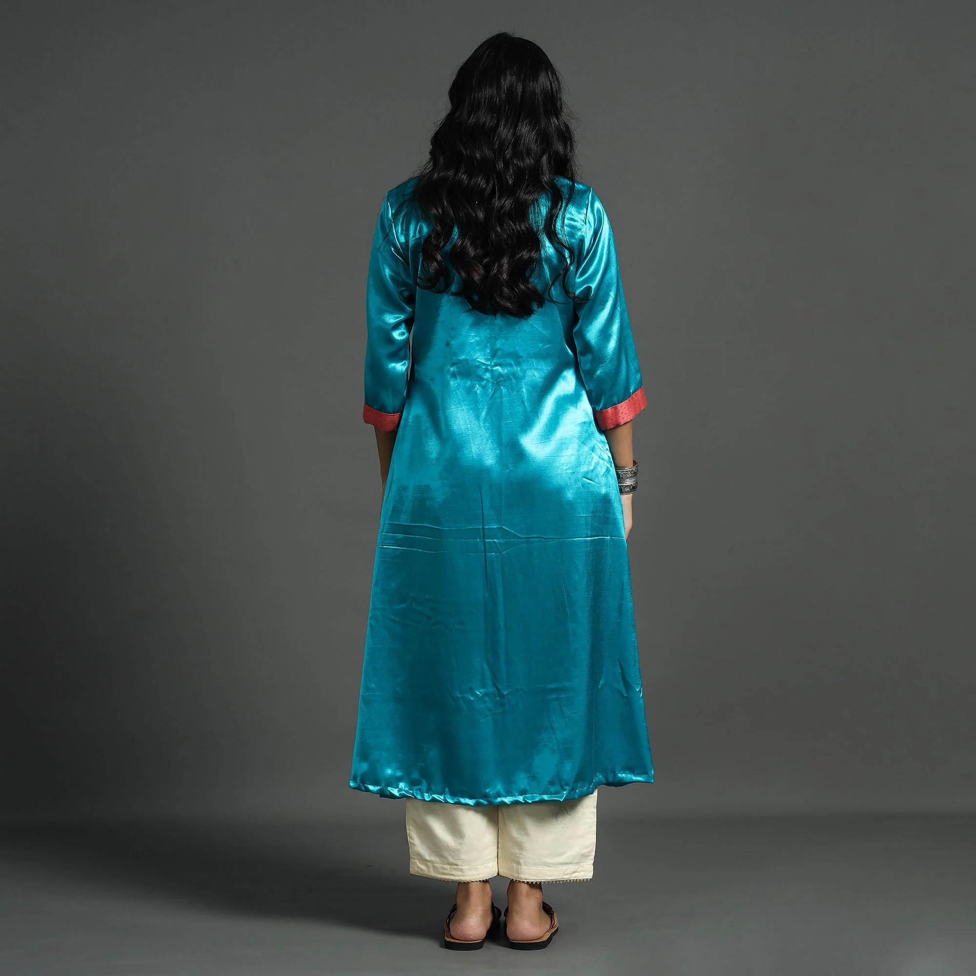 Sky Blue - Plain Mashru Silk with Patchwork Floral A-Line Kurta - Image 4