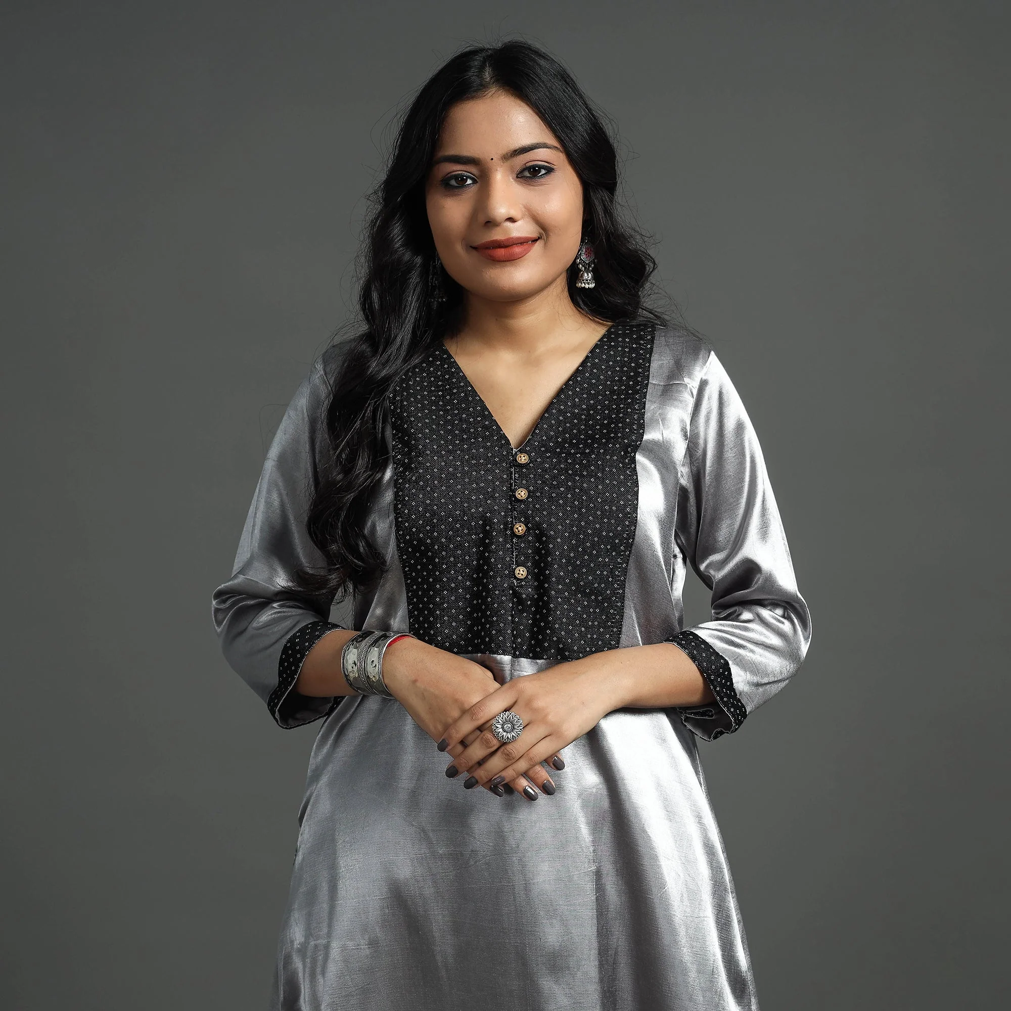 Grey - Plain Mashru Silk with Patchwork Floral A-Line Kurta