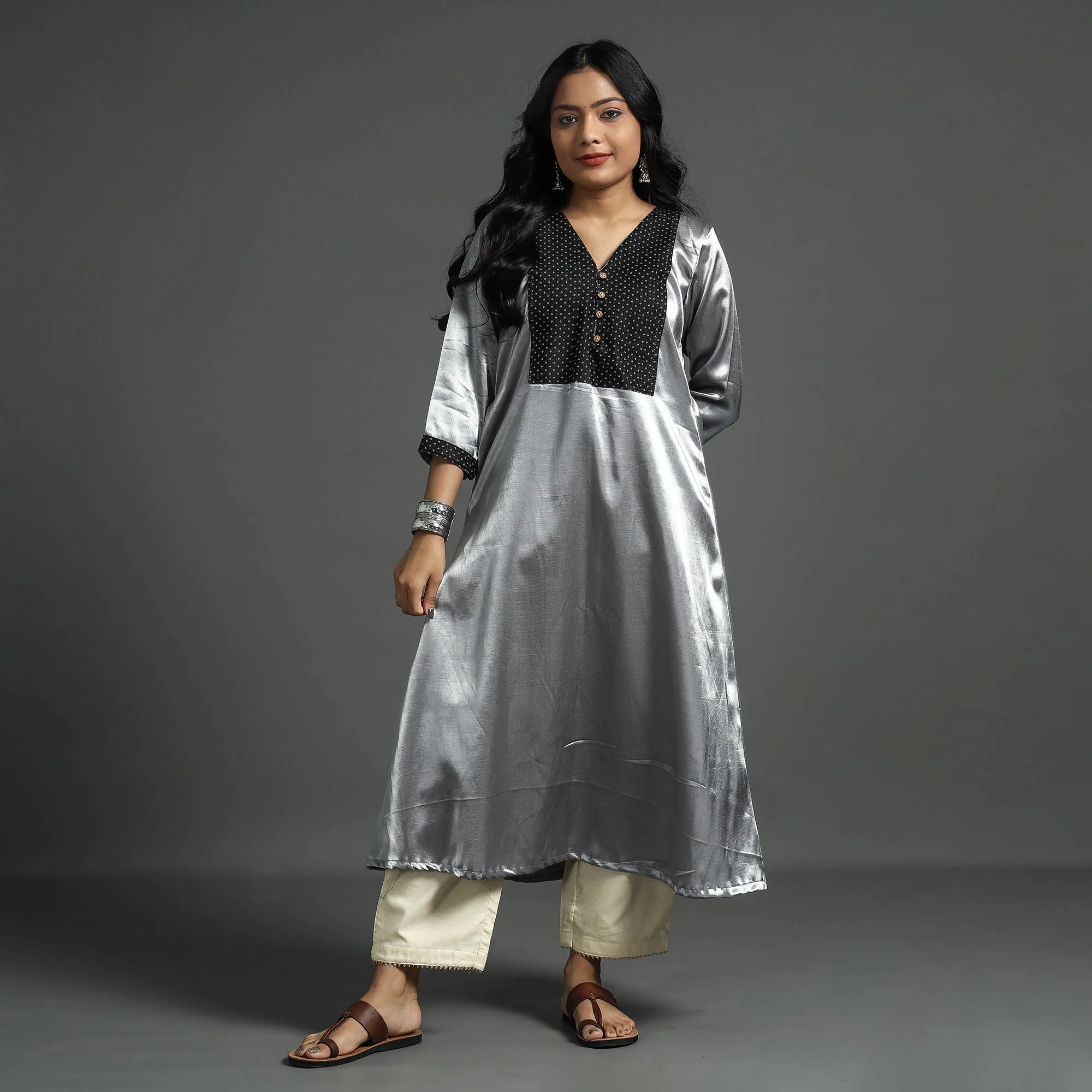 Grey - Plain Mashru Silk with Patchwork Floral A-Line Kurta - Image 2