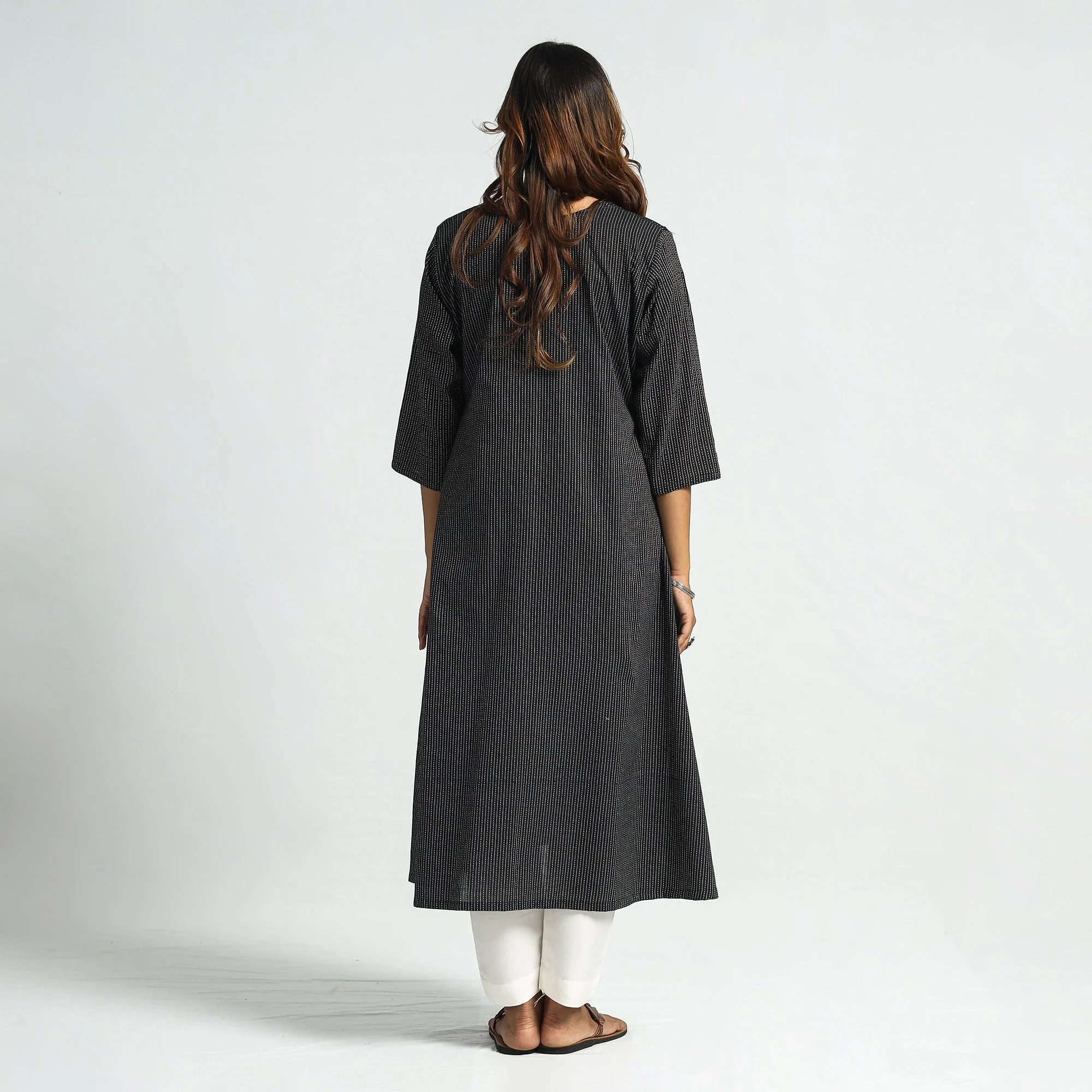 Black - Plain Running Stitch Cotton Pintuck Long Kurta - Image 7