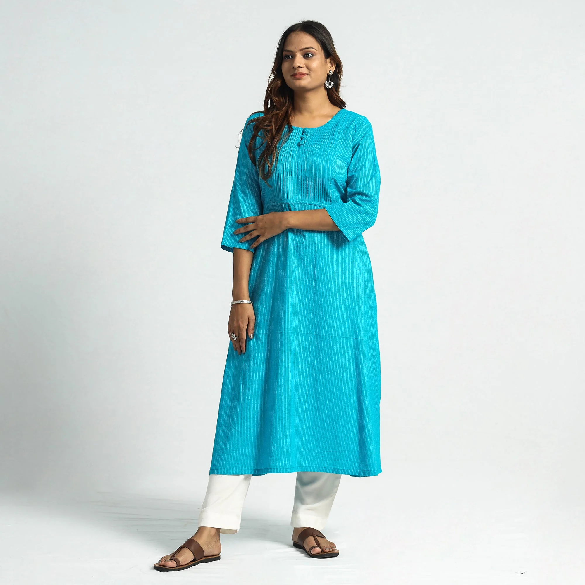 Sky Blue - Plain Running Stitch Cotton Pintuck A-Line Long Kurta - Image 2