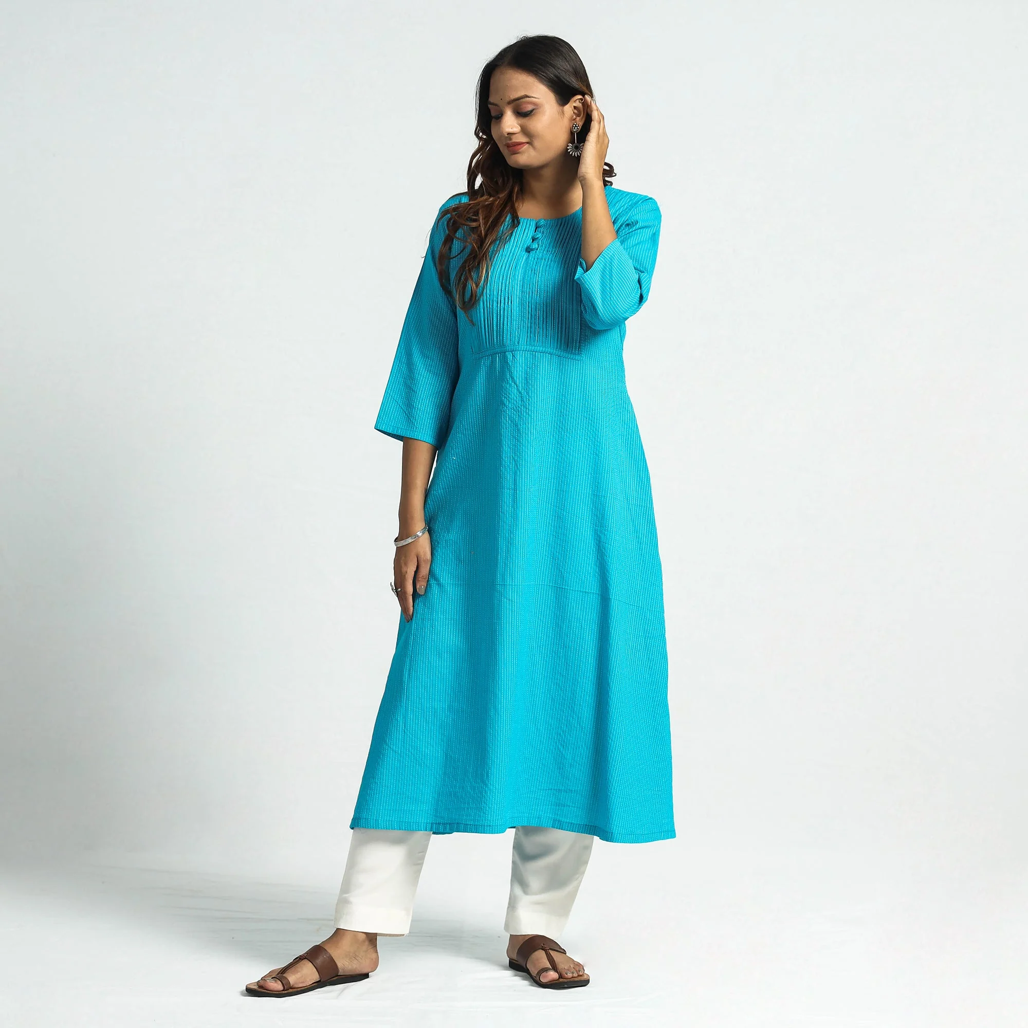 Sky Blue - Plain Running Stitch Cotton Pintuck A-Line Long Kurta - Image 3