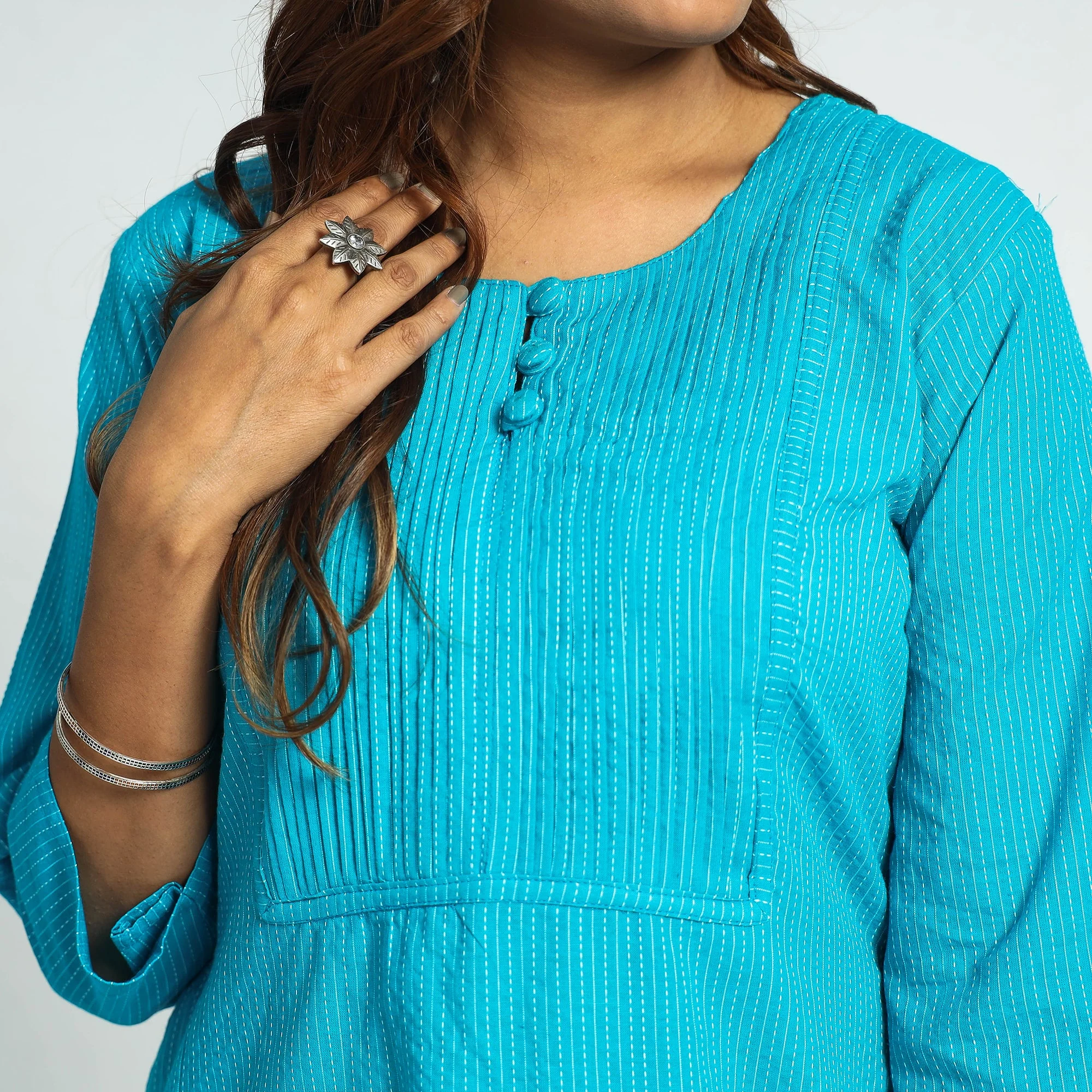 Sky Blue - Plain Running Stitch Cotton Pintuck A-Line Long Kurta - Image 4