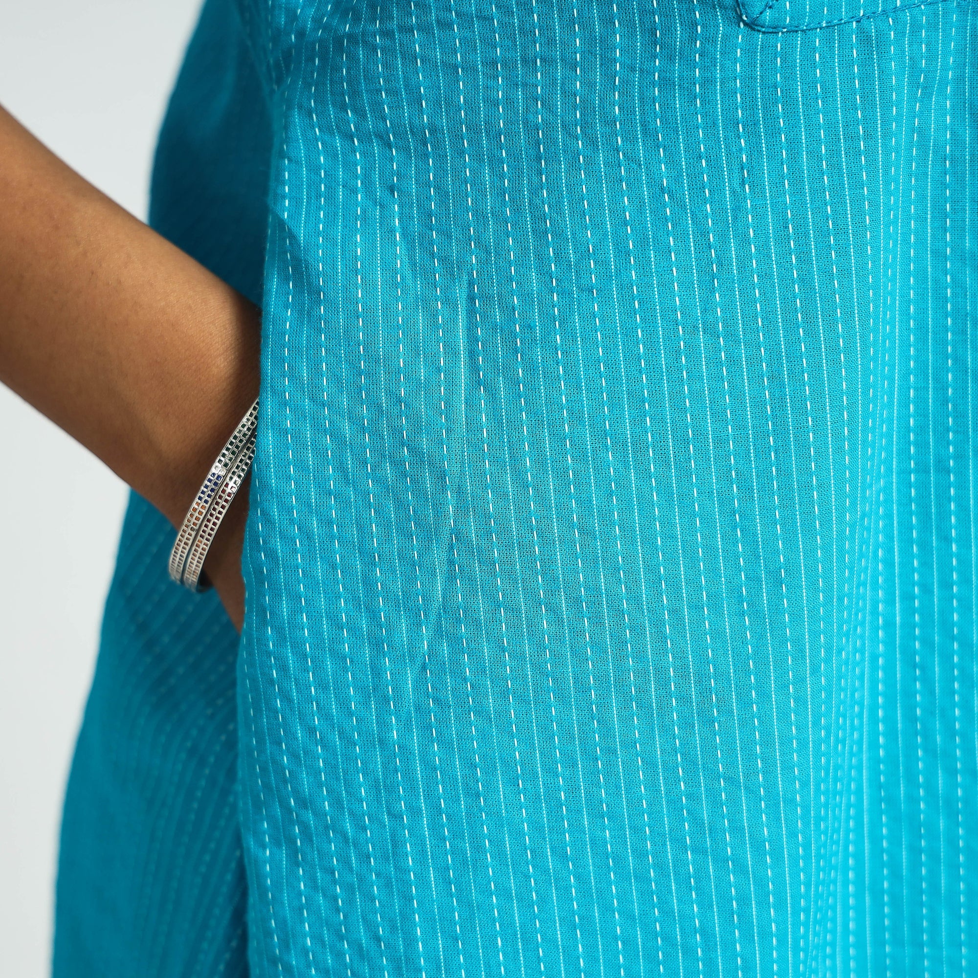 Sky Blue - Plain Running Stitch Cotton Pintuck A-Line Long Kurta - Image 6