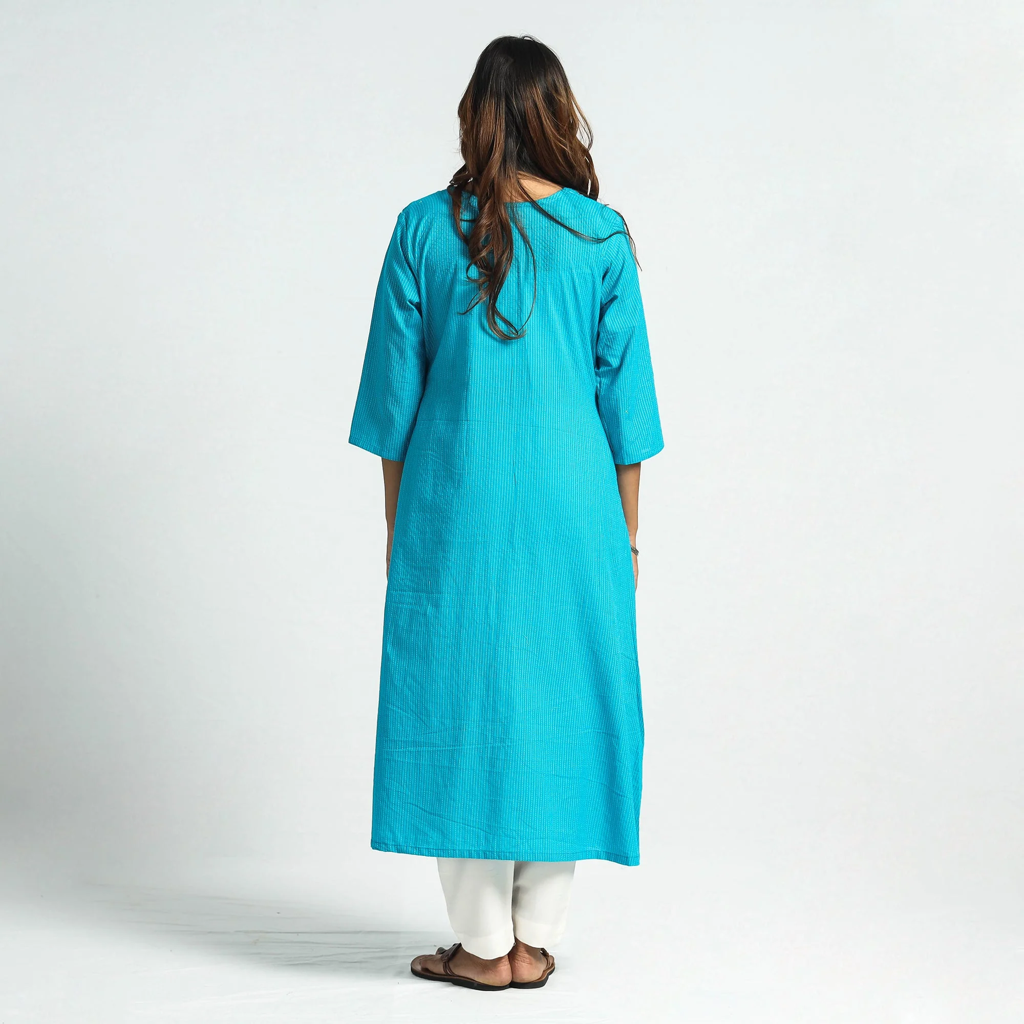 Sky Blue - Plain Running Stitch Cotton Pintuck A-Line Long Kurta - Image 7