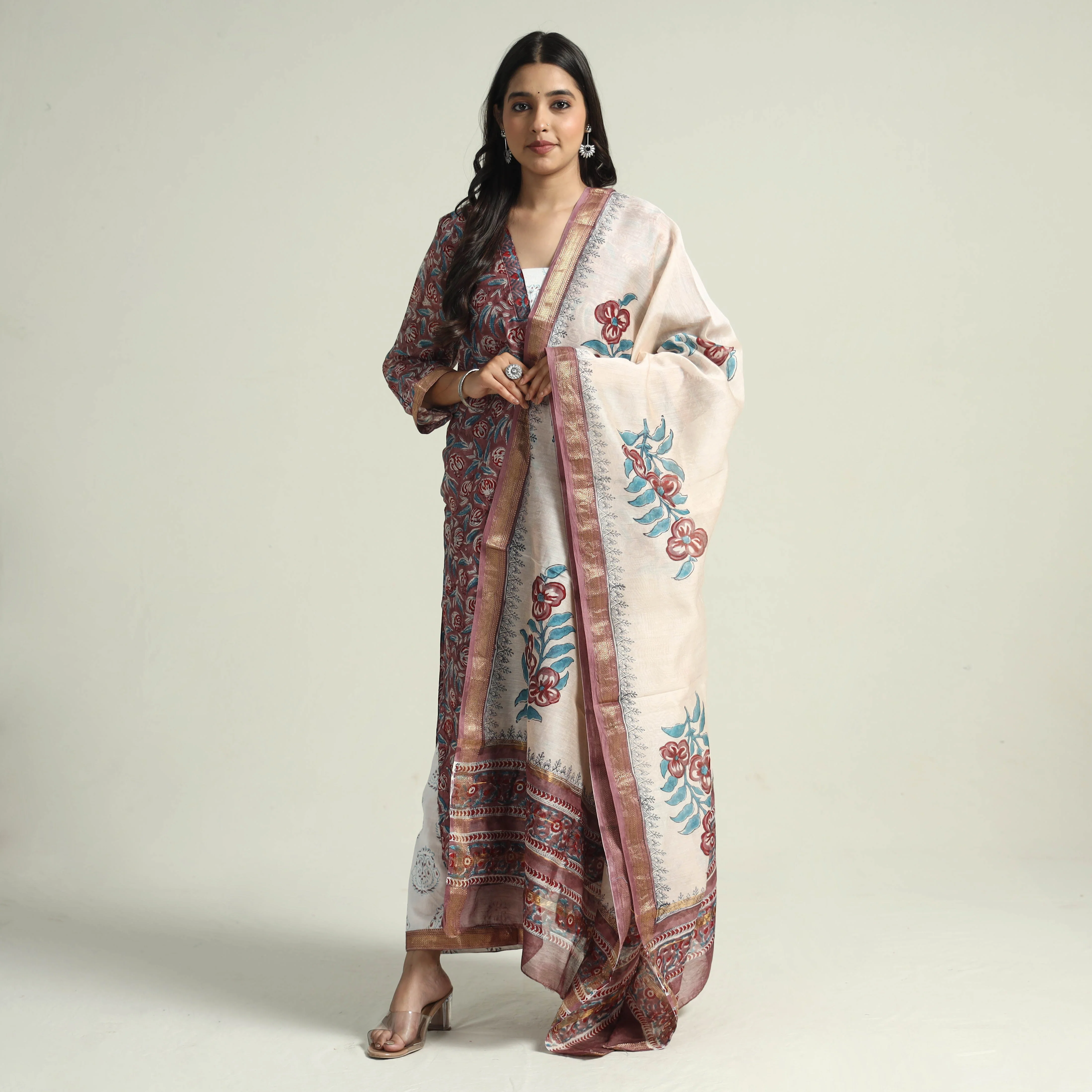 Maroon - - Sanganeri Block Printed Maheshwari Silk Kurta with Palazzo & Dupatta Set