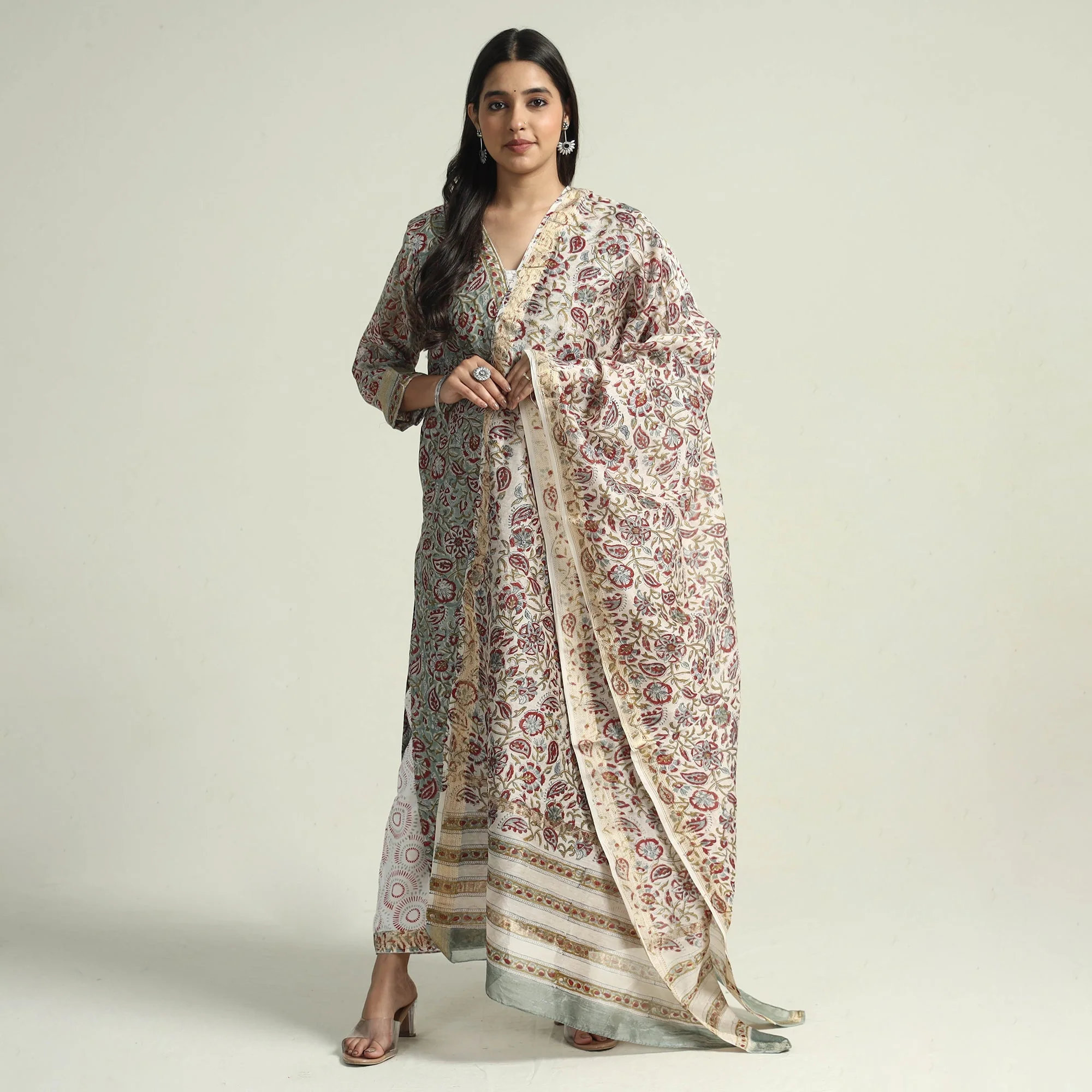 Green - Sanganeri Block Printed Maheshwari Silk Kurta with Palazzo & Dupatta Set
