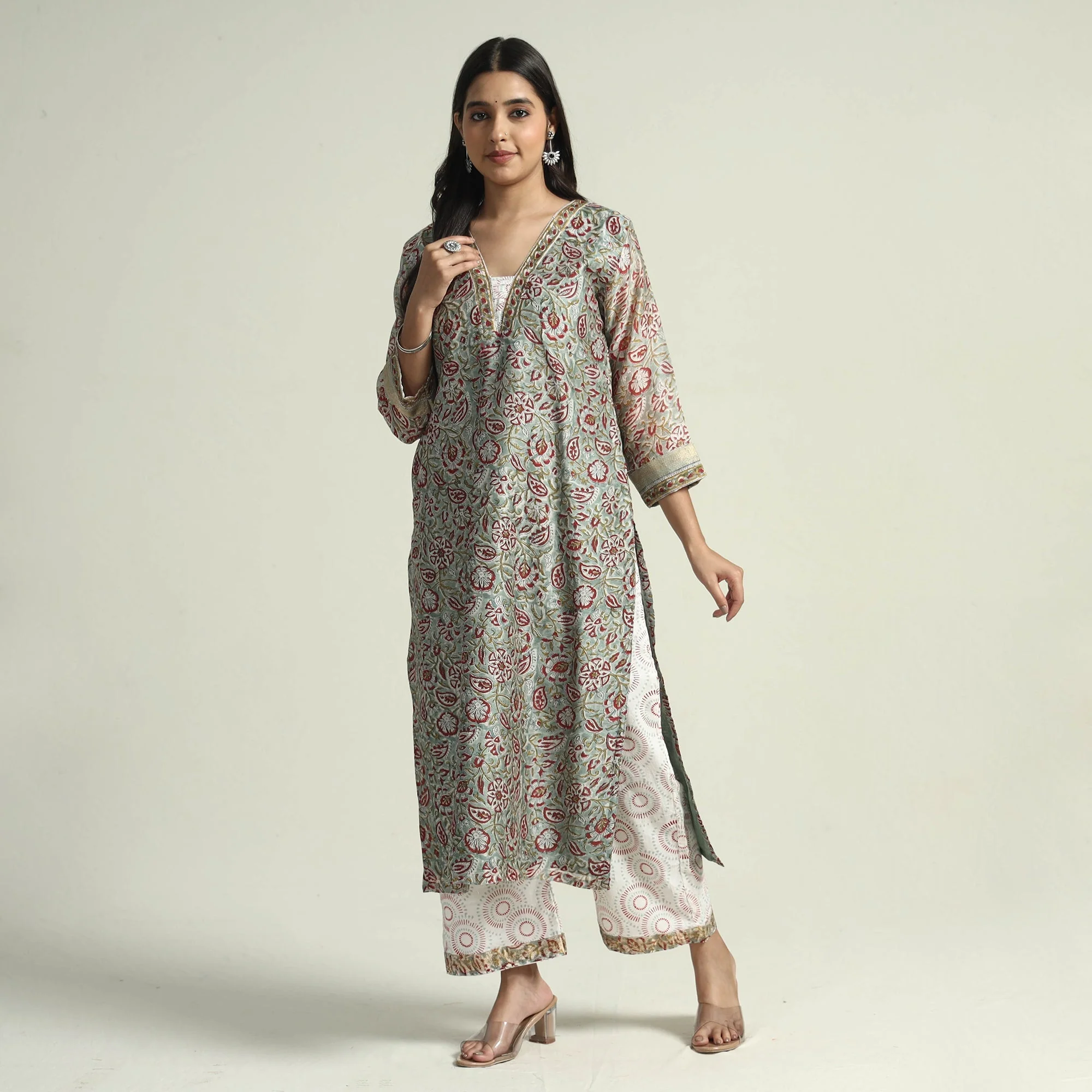 Green - Sanganeri Block Printed Maheshwari Silk Kurta with Palazzo & Dupatta Set - Image 4