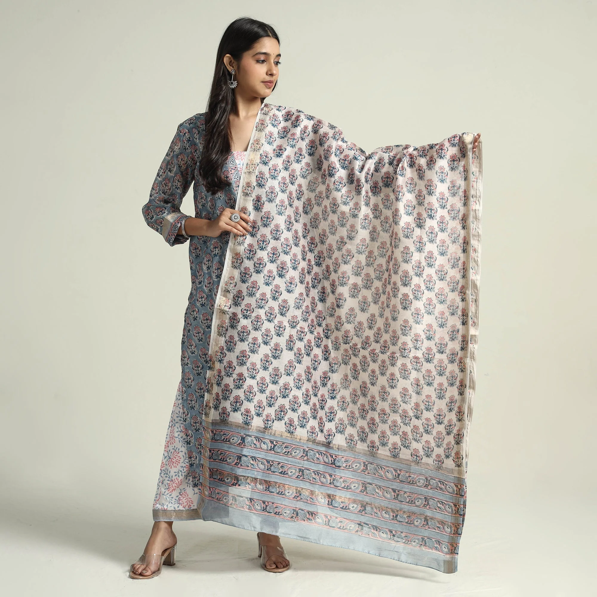 Blue - Sanganeri Block Printed Maheshwari Silk Kurta with Palazzo & Dupatta Set - Image 2