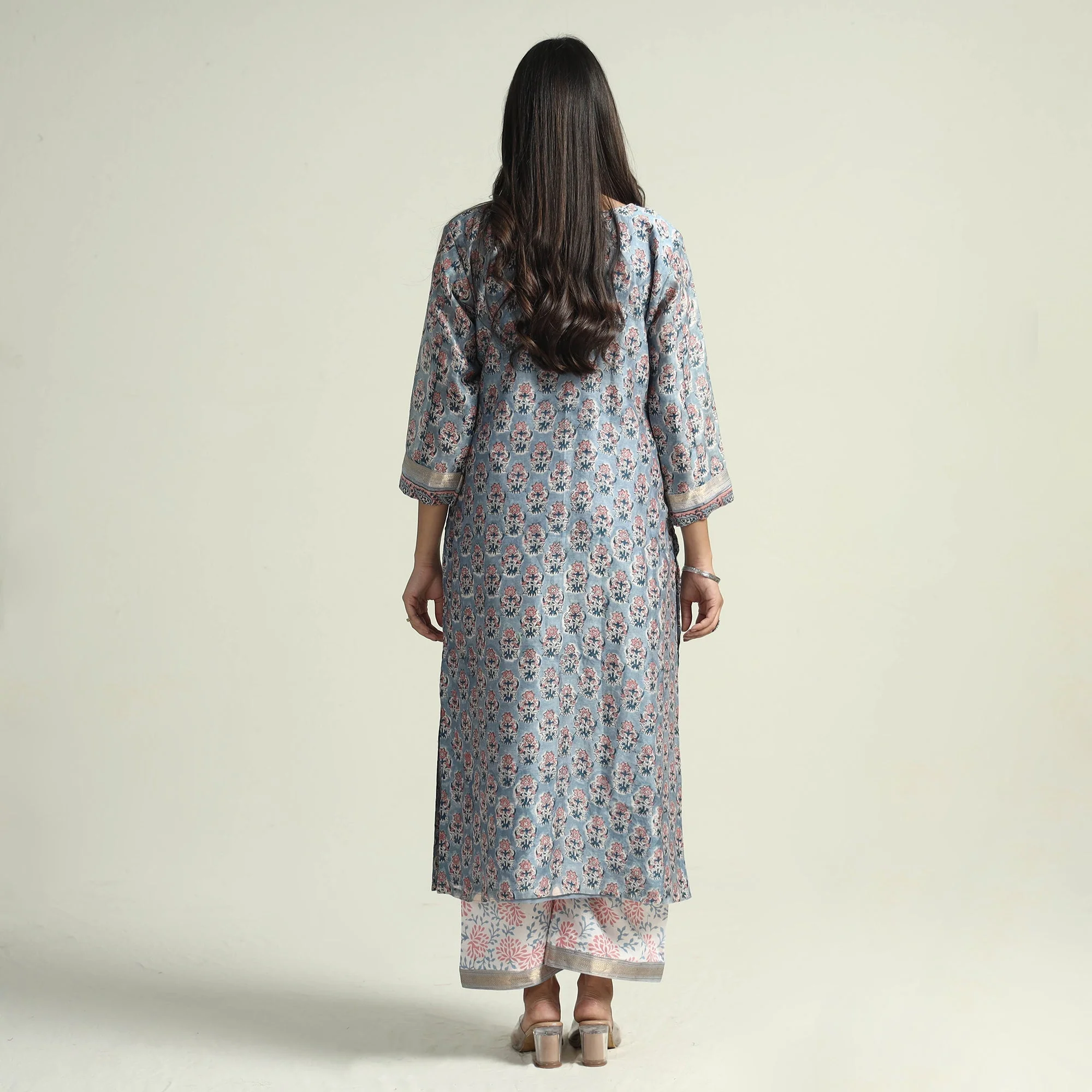 Blue - Sanganeri Block Printed Maheshwari Silk Kurta with Palazzo & Dupatta Set - Image 8