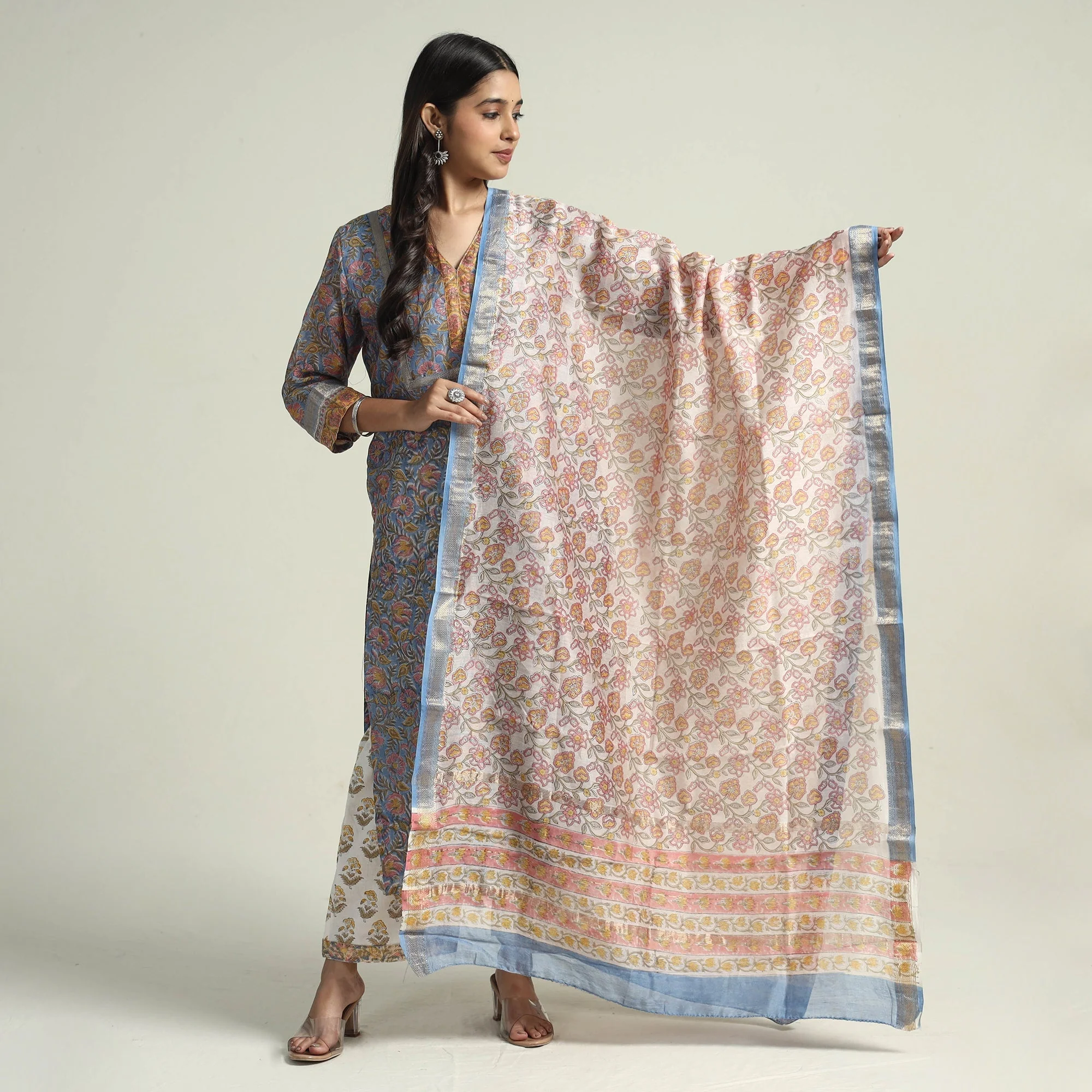 Blue - - Sanganeri Block Printed Maheshwari Silk Kurta with Palazzo & Dupatta Set - Image 2