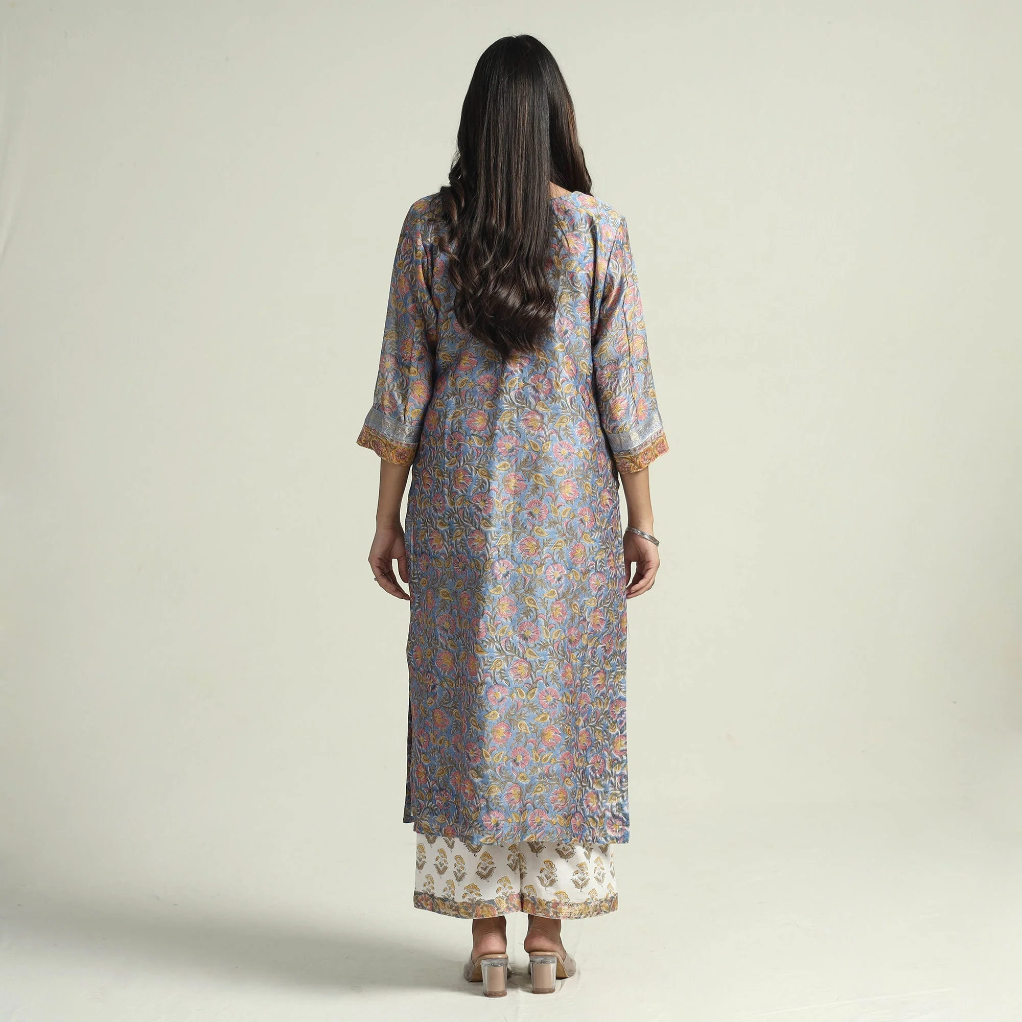Blue - - Sanganeri Block Printed Maheshwari Silk Kurta with Palazzo & Dupatta Set - Image 8