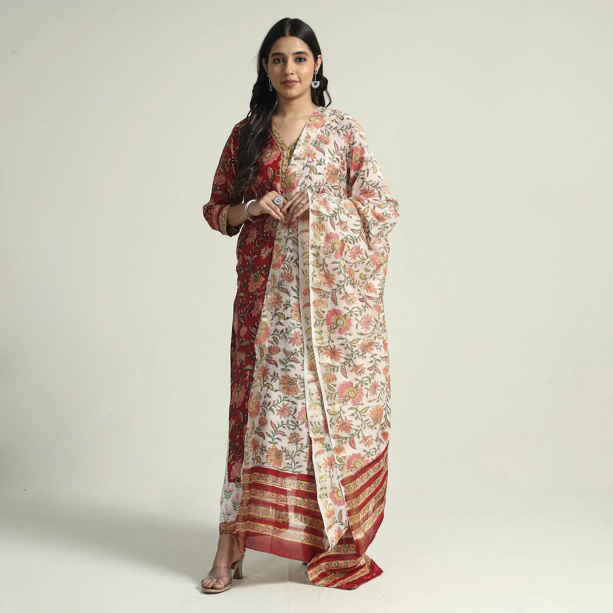 Red - Sanganeri Block Printed Maheshwari Silk Kurta with Palazzo & Dupatta Set