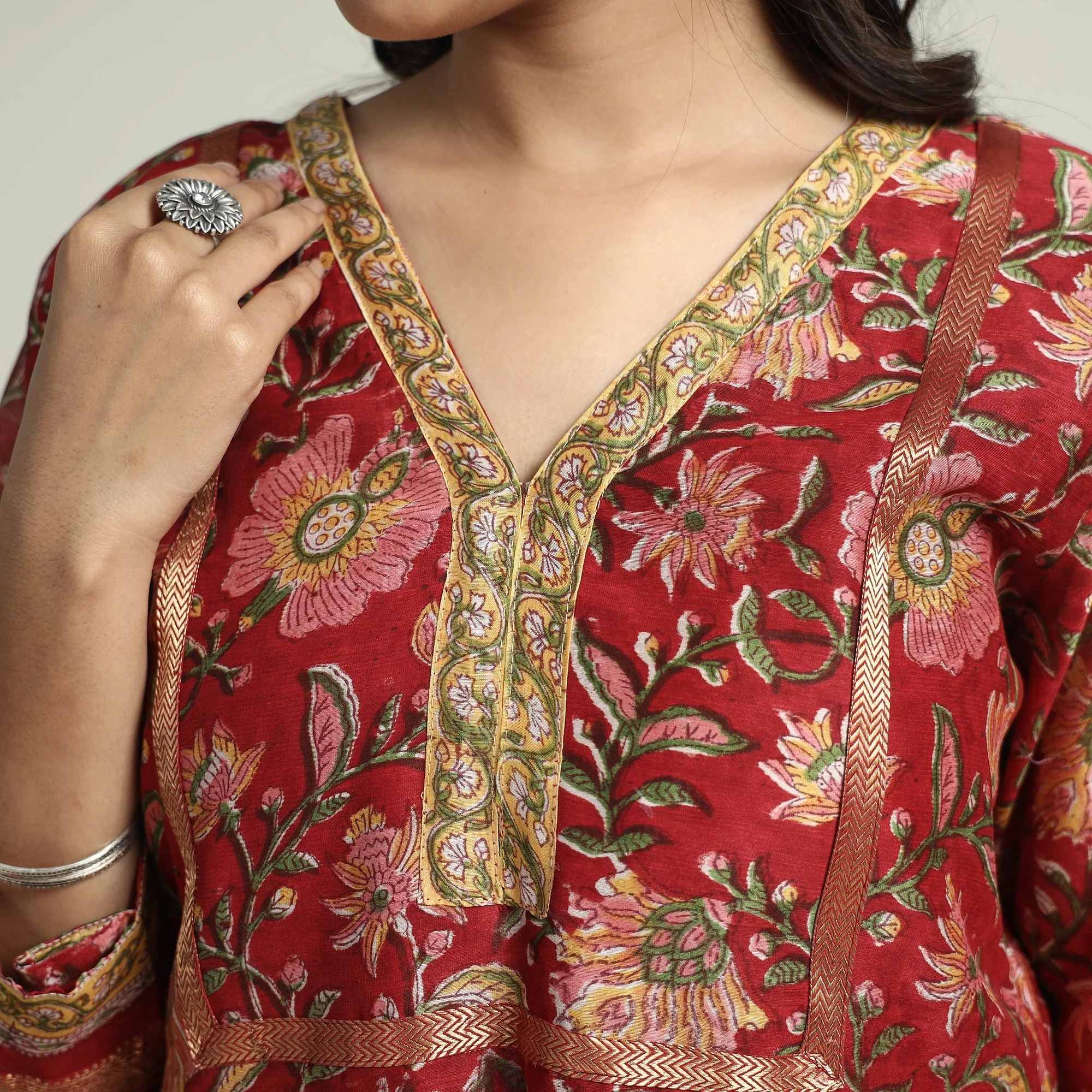 Red - Sanganeri Block Printed Maheshwari Silk Kurta with Palazzo & Dupatta Set - Image 5