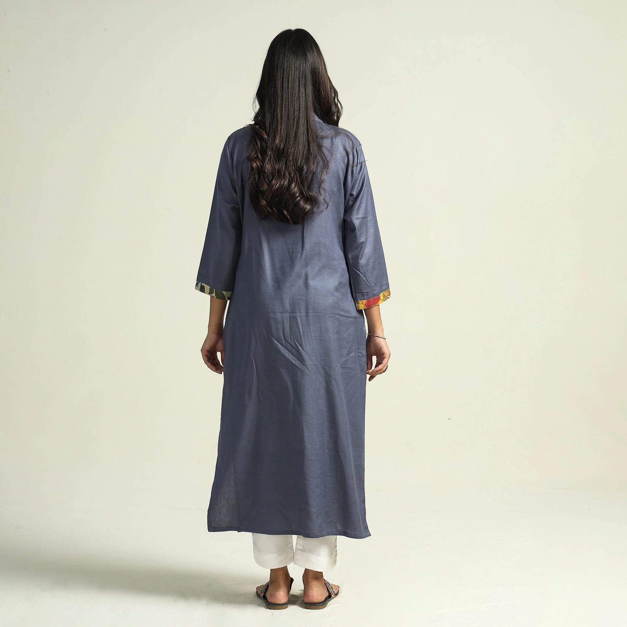 Dark Grey - Srikalahasti Kalamkari Patchwork Plain Linen Cotton Long Straight Kurta - Image 6