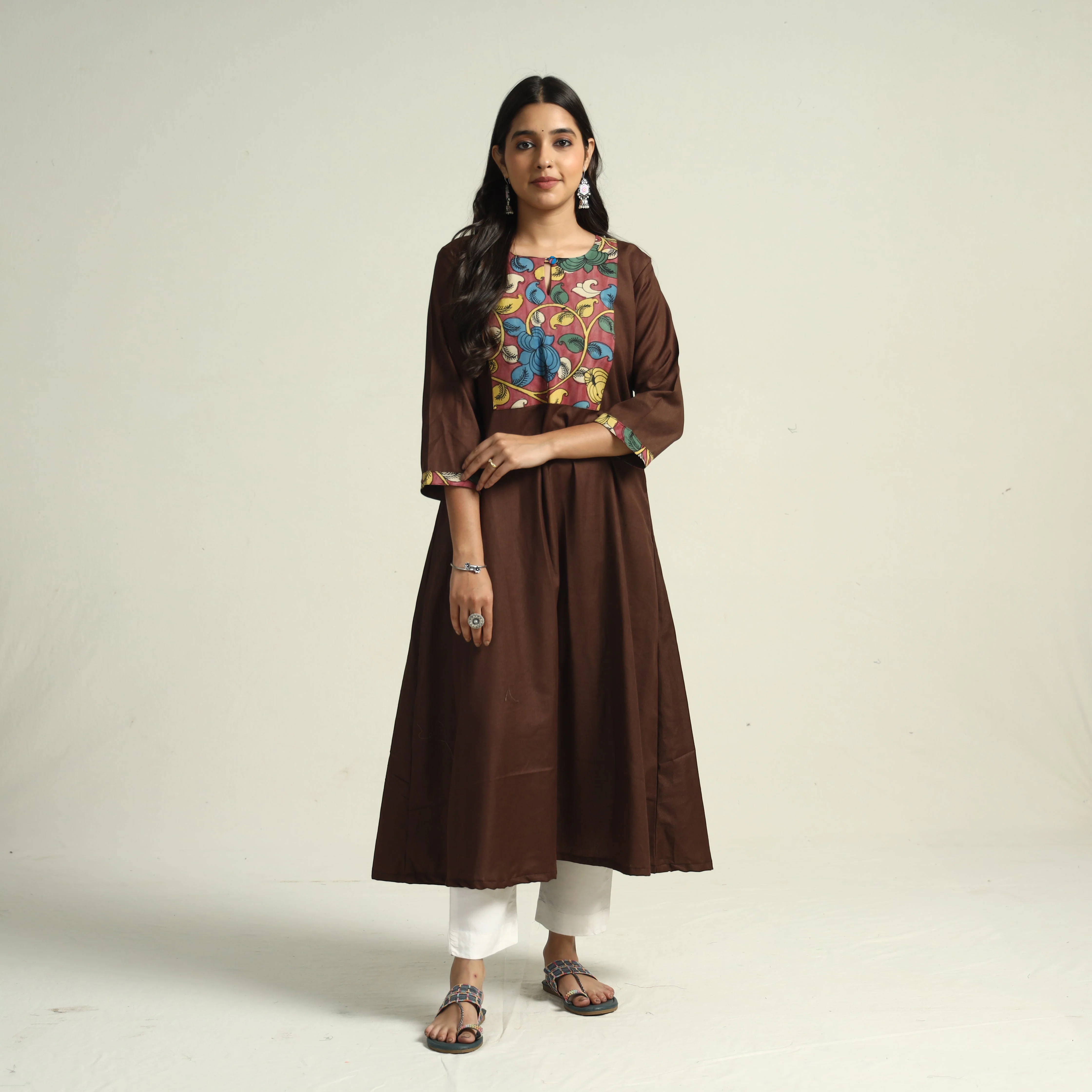 Dark Brown - Srikalahasti Kalamkari Patchwork Plain Linen Cotton A-Line Long Kurta - Image 3